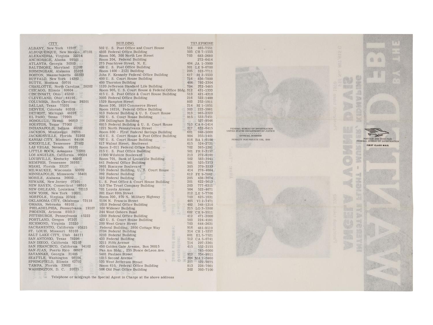 [CIVIL RIGHTS] -- [DAVIS, Angela Yvonne (b.1944 )]. Wanted by the FBI: Interstate Flight - Murder, Kidnaping [ sic ]. Washington, D.C.: Federal Bureau of Investigation, 18 August 1970.