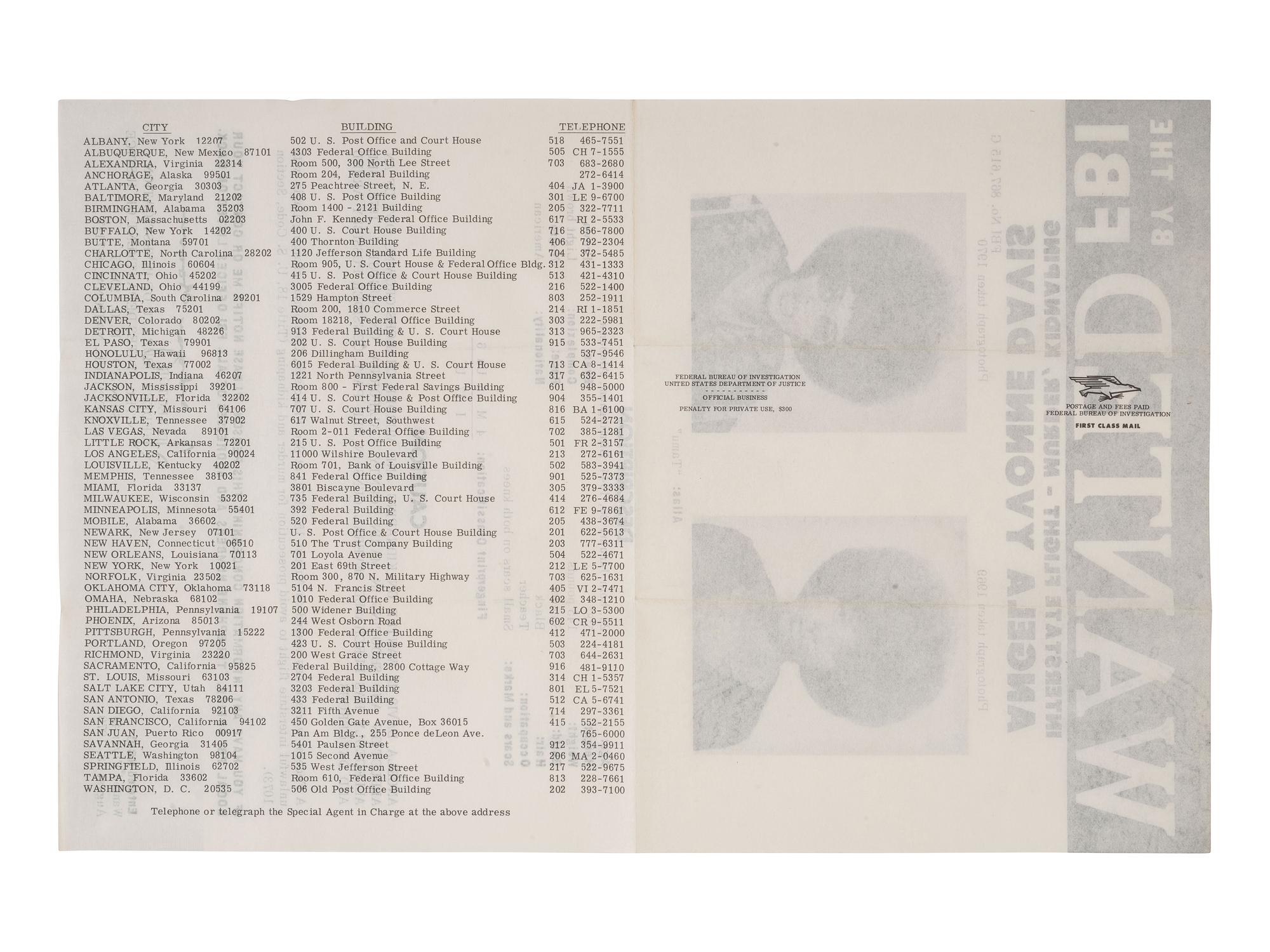 [CIVIL RIGHTS] -- [DAVIS, Angela Yvonne (b.1944 )]. Wanted by the FBI: Interstate Flight - Murder, Kidnaping [ sic ]. Washington, D.C.: Federal Bureau of Investigation, 18 August 1970.