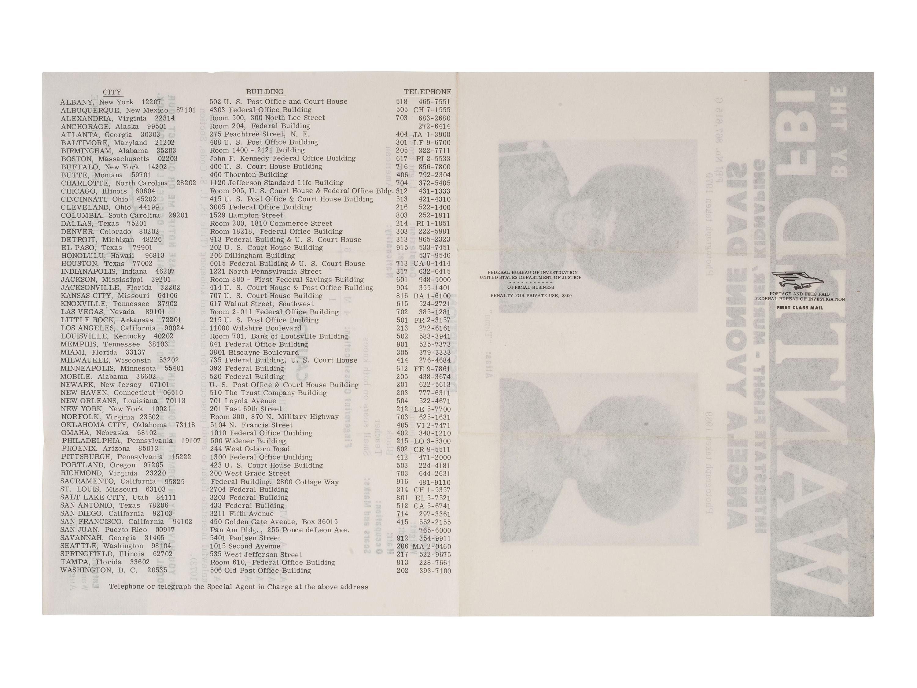 [CIVIL RIGHTS] -- [DAVIS, Angela Yvonne (b.1944 )]. Wanted by the FBI: Interstate Flight - Murder, Kidnaping [ sic ]. Washington, D.C.: Federal Bureau of Investigation, 18 August 1970.