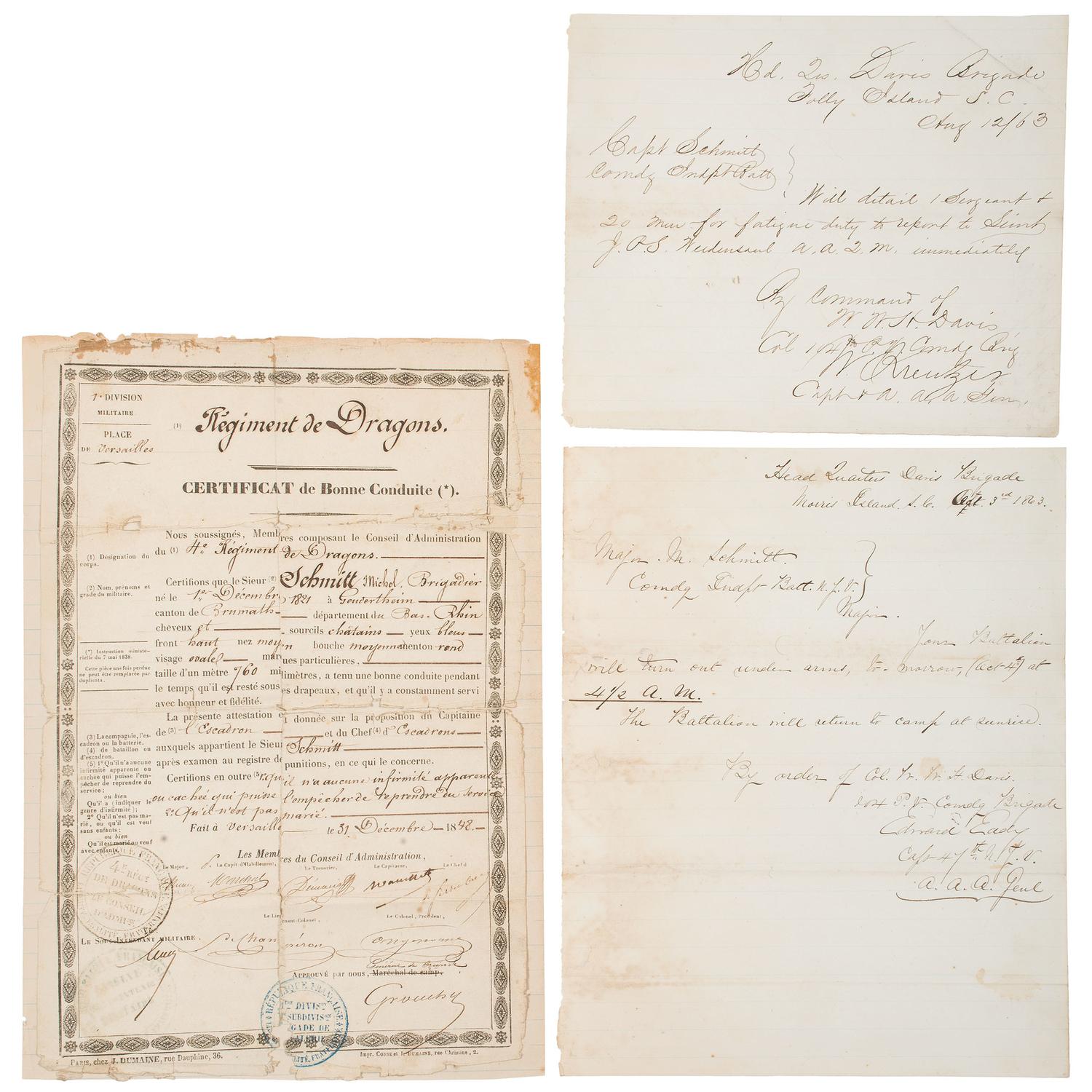 [CIVIL WAR]. A Civil War collection identified to Major Michael Schmitt, Independent Battalion New York Infantry, incl. full plate ambrotype, albumen photographs, and insignia.