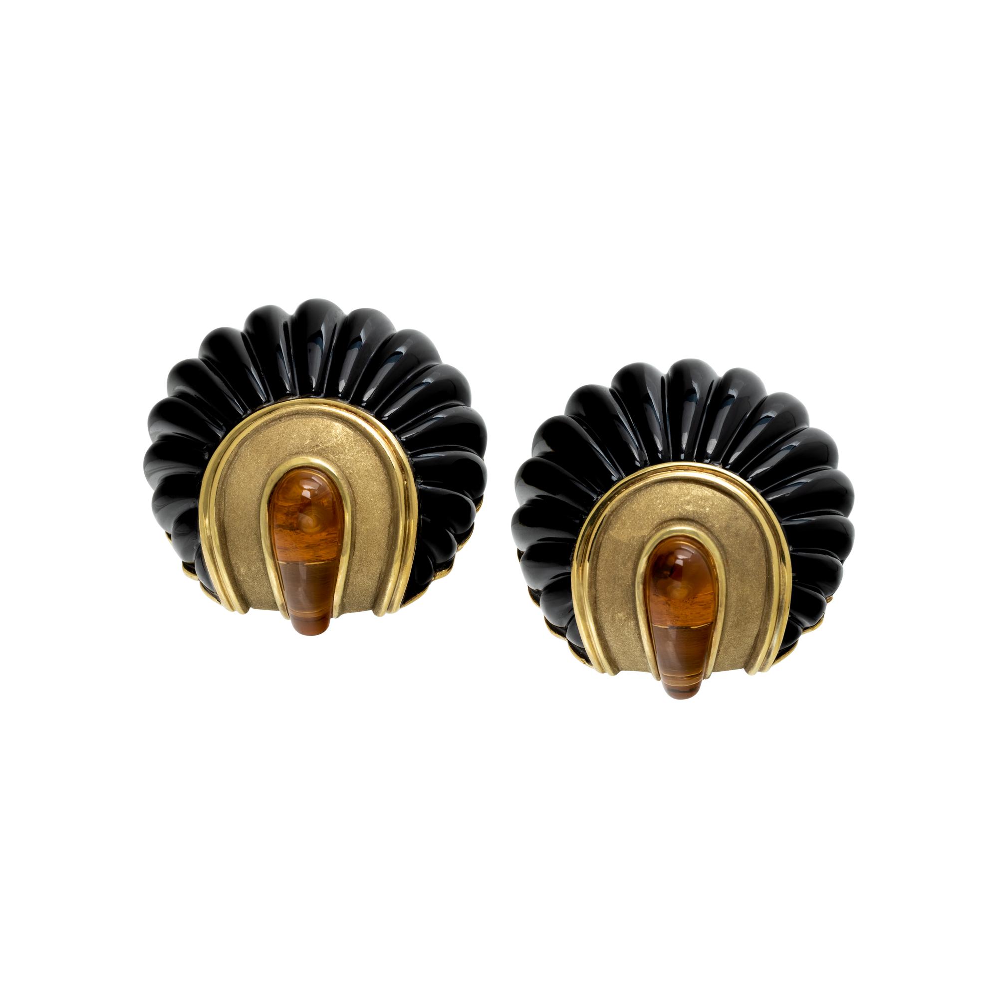 WINC, YELLOW GOLD, ONYX AND CITRINE EARCLIPS