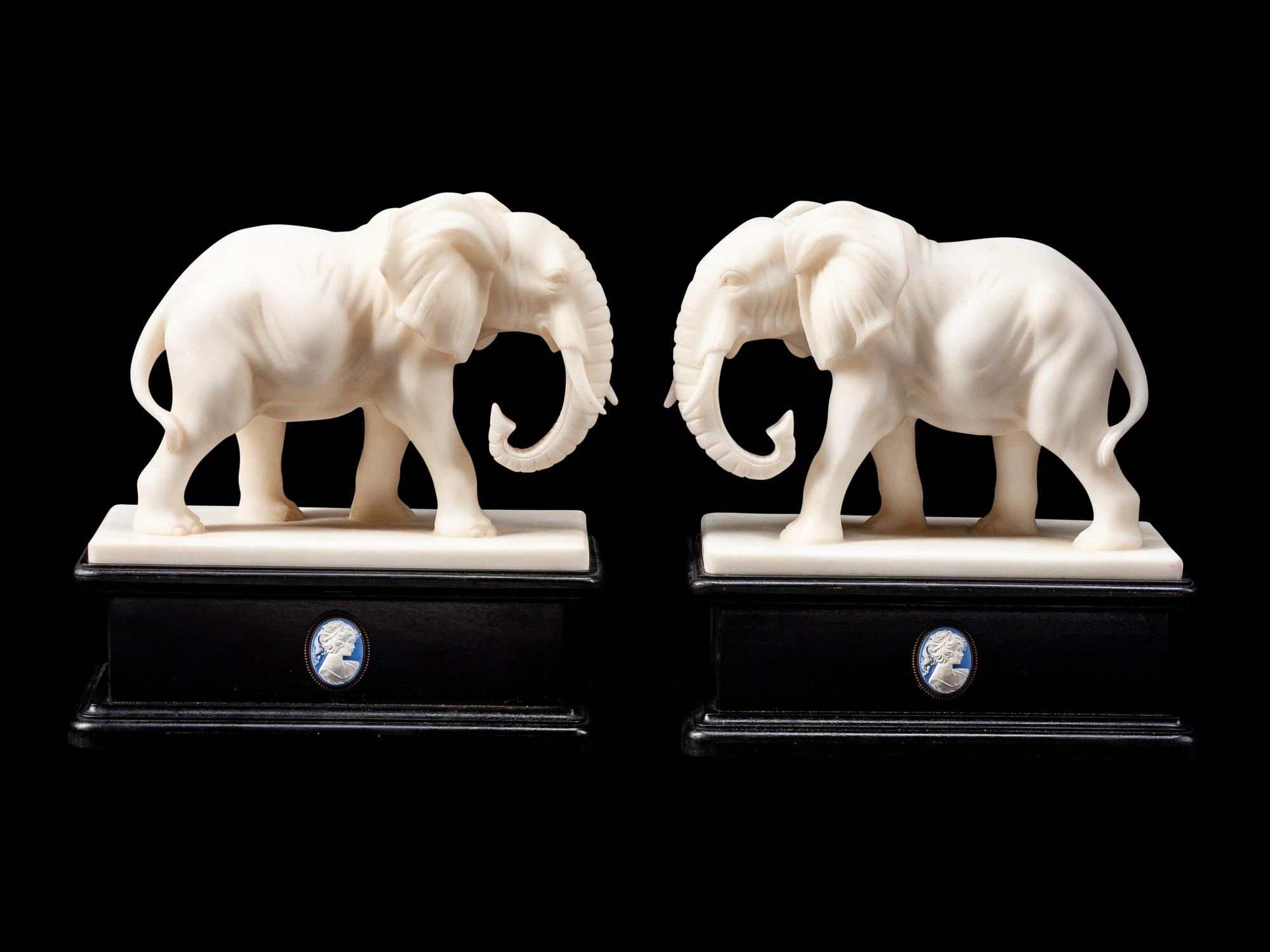 A Pair of Continental Composition Marble Elephants