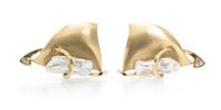 A Pair of 14 Karat Yellow Gold, Biwa Pearls and Diamond Earclips, Christine Bartling, 22.40 dwts.