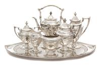 An American Silver Eight-Piece Tea and Coffee Service, Hardy & Hayes Co., Pittsburgh, PA, 20th Century, having a silverplate tray