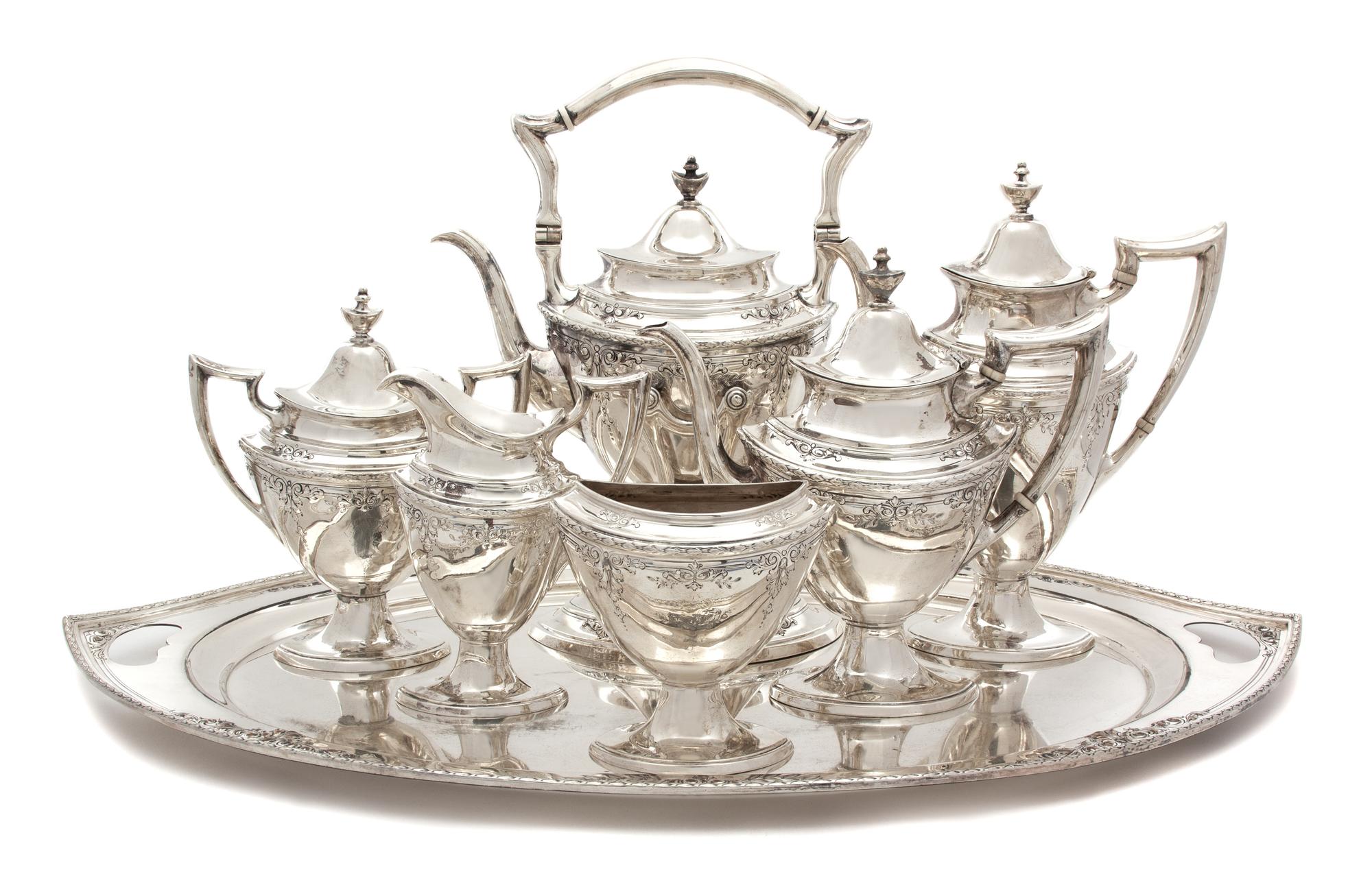 An American Silver Eight-Piece Tea and Coffee Service, Hardy & Hayes Co., Pittsburgh, PA, 20th Century, having a silverplate tray