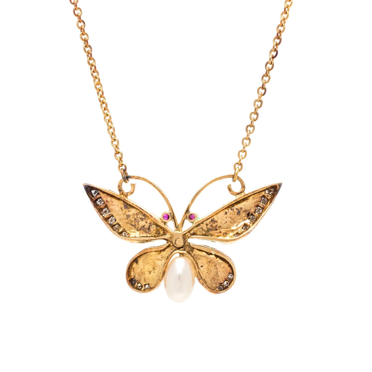 DIAMOND, ENAMEL AND CULTURED PEARL BUTTERFLY PENDANT/NECKLACE