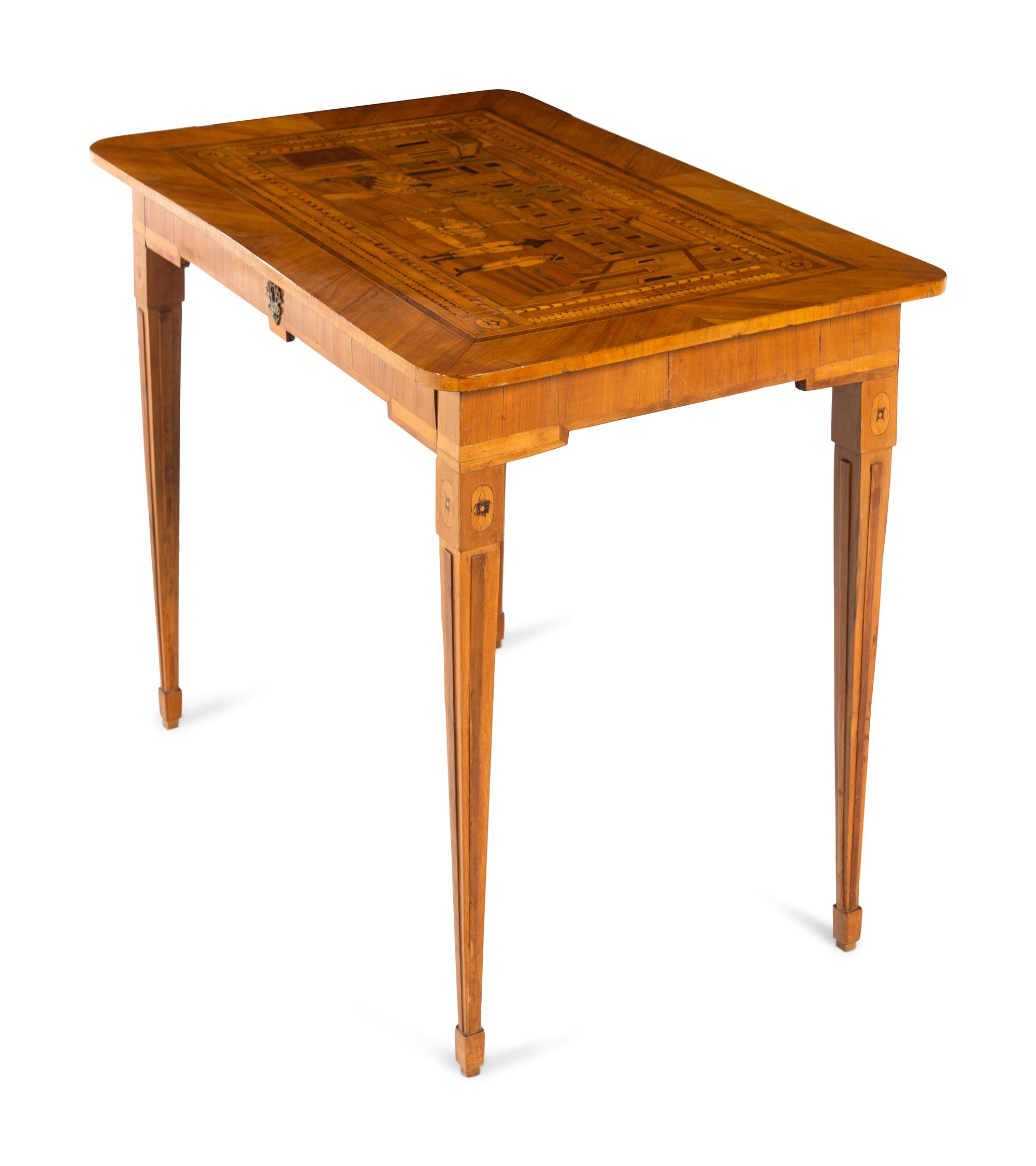 A German Fruitwood Crossbanded and Marquetry Side Table
