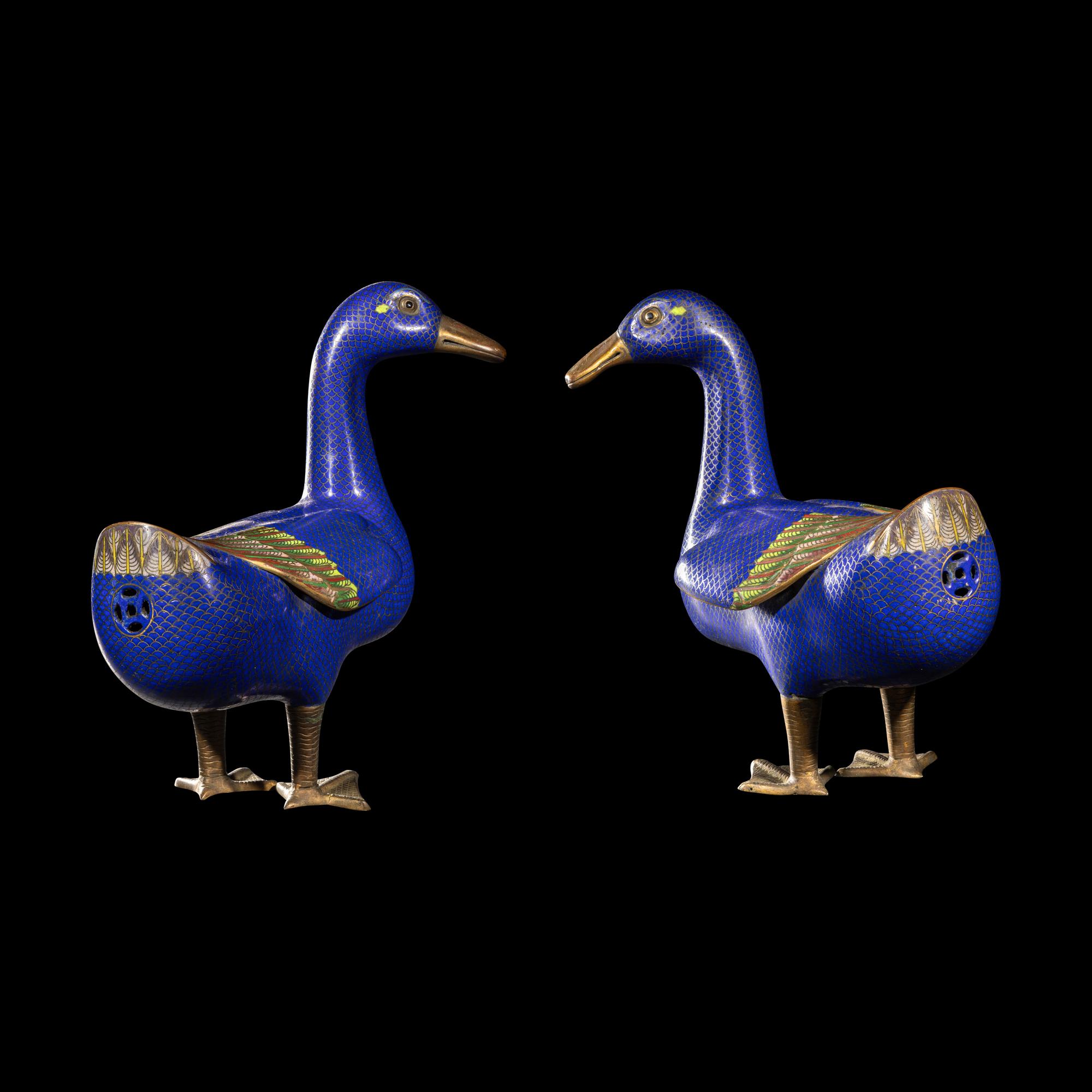 A Pair of Chinese Cloisonne Enamel Figures of Ducks