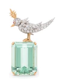 TIFFANY & CO., SCHLUMBERGER, GREEN BERYL AND DIAMOND 'BIRD ON A ROCK' BROOCH