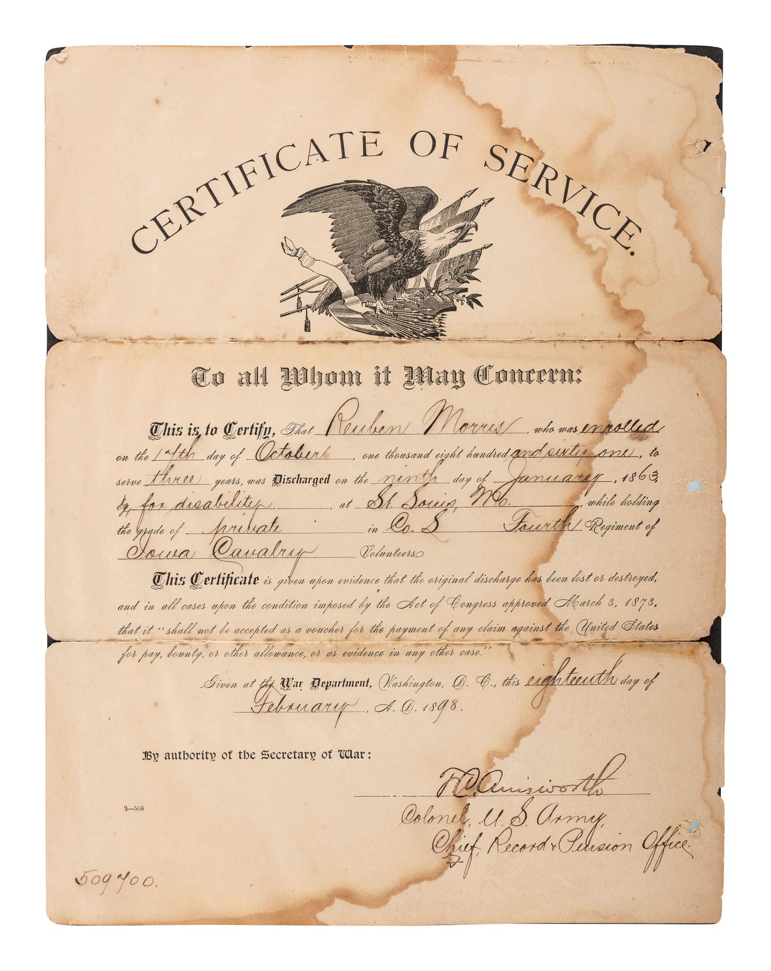 [CIVIL WAR]. A group of 5 items identified to Private Reuben Morris (3), 4th Iowa Cavalry, and John Spence, 24th Kentucky Infy., DOW, incl. photographs and documents.