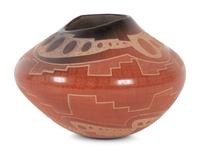 Red, Sienna, and Black Sgraffito Jar