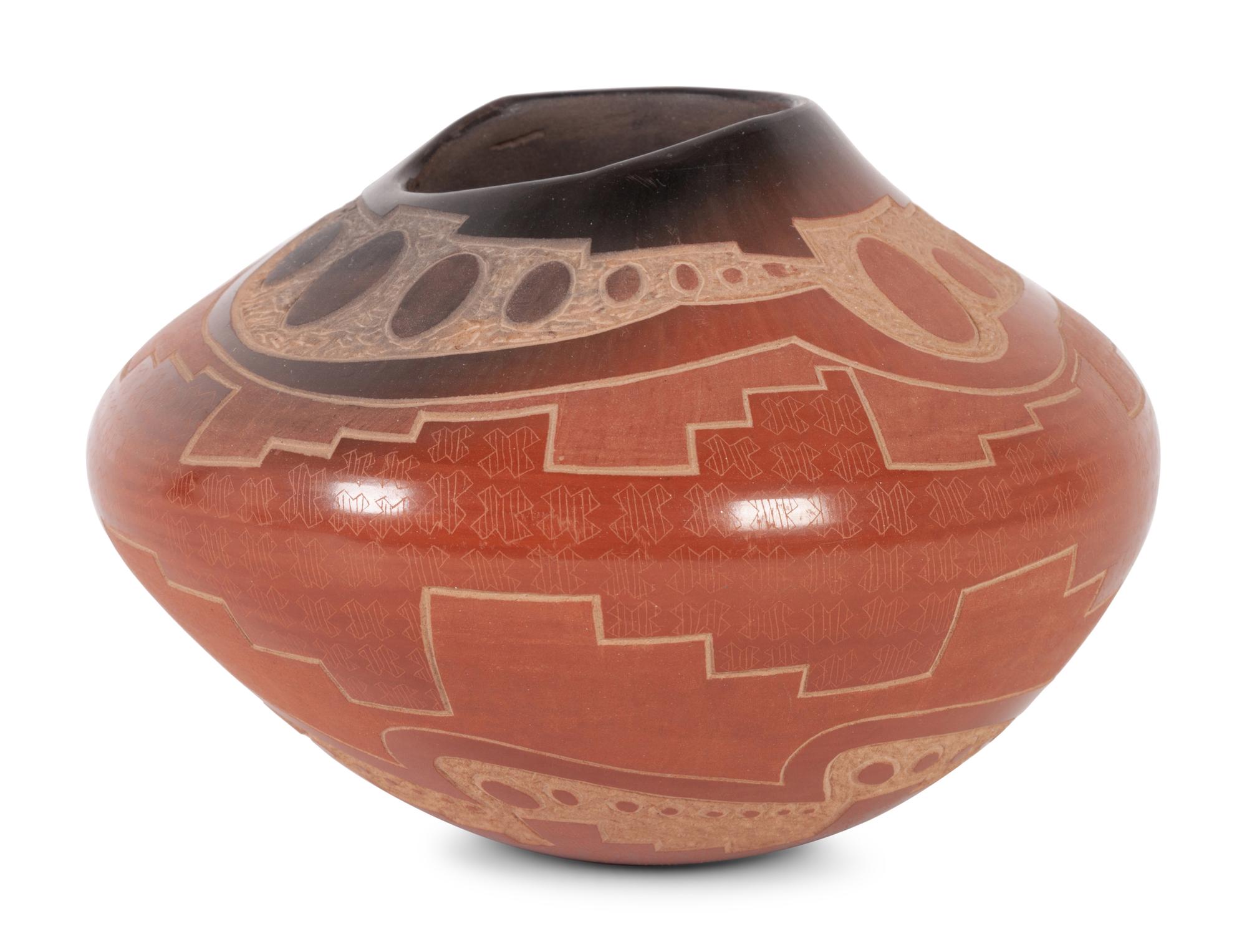 Red, Sienna, and Black Sgraffito Jar