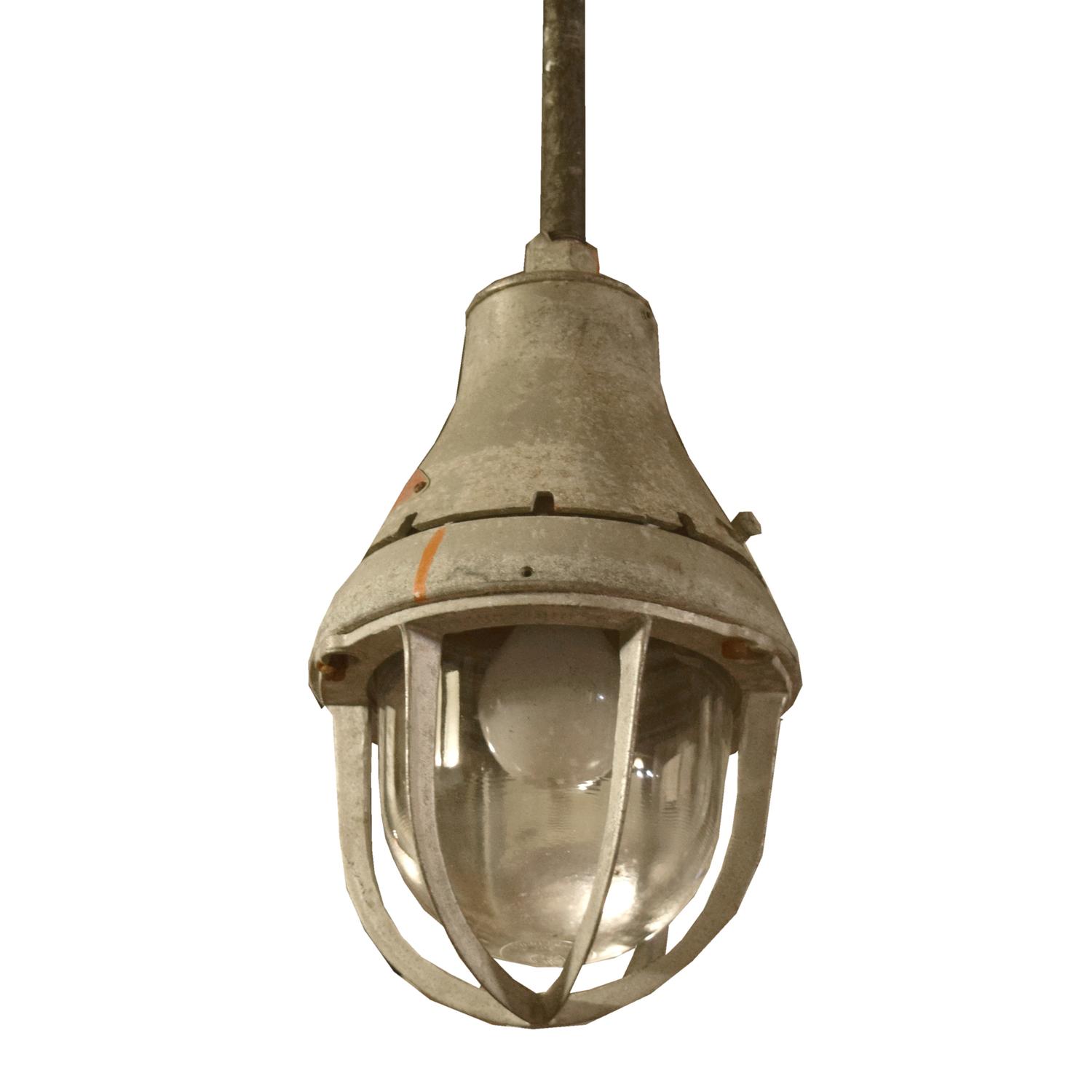 A Metal and Glass Industrial Pendant Light, Crouse Hinds 9" W x 9" D x 40" H — United States, Circa 1940