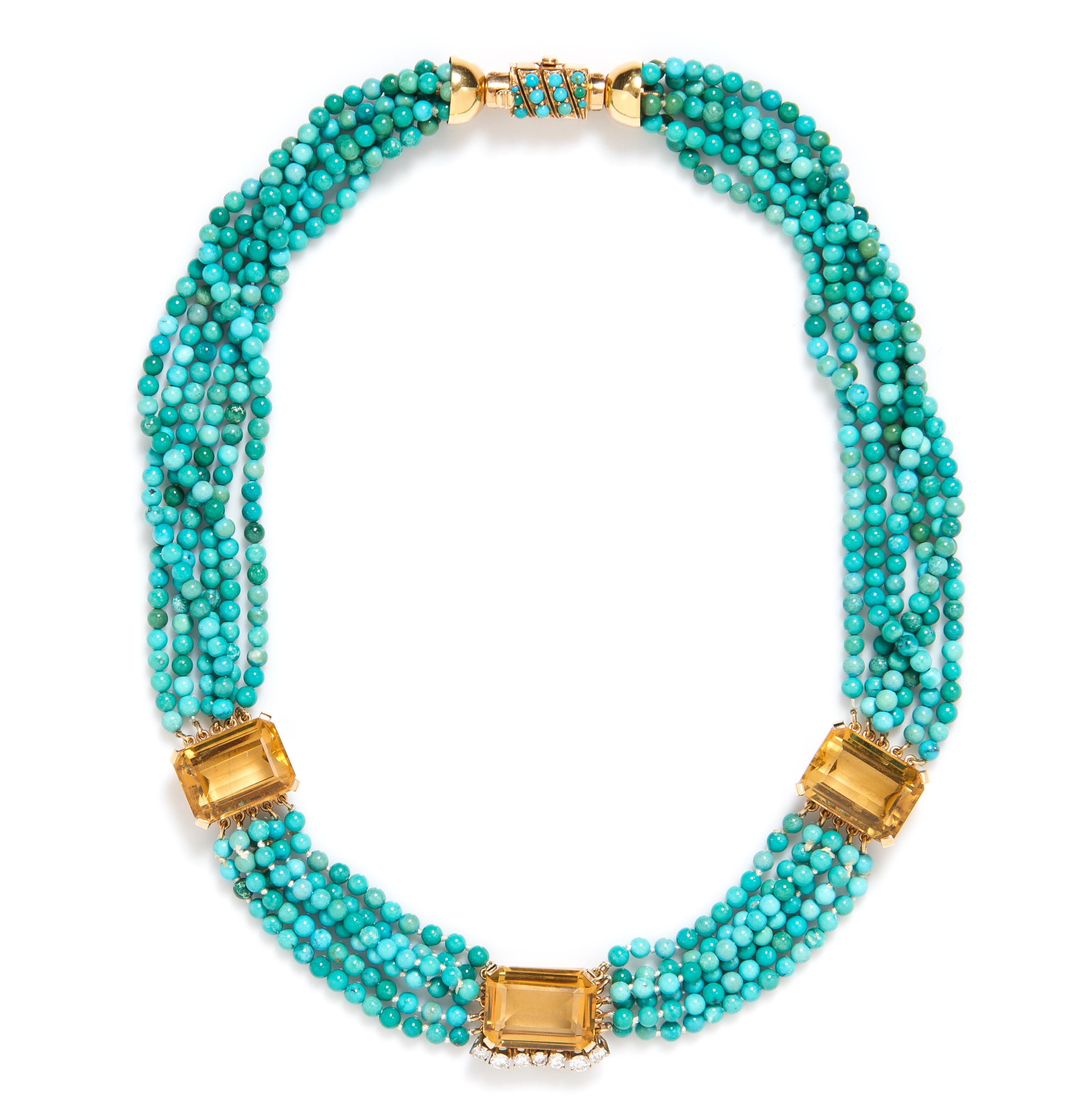 A Yellow Gold, Turquoise, Citrine and Diamond Demi Parure, Circa 1950, 55.90 dwts.