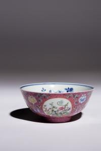A Ruby Sgraffito Ground Famille Rose and Underglaze Blue Porcelain Bowl