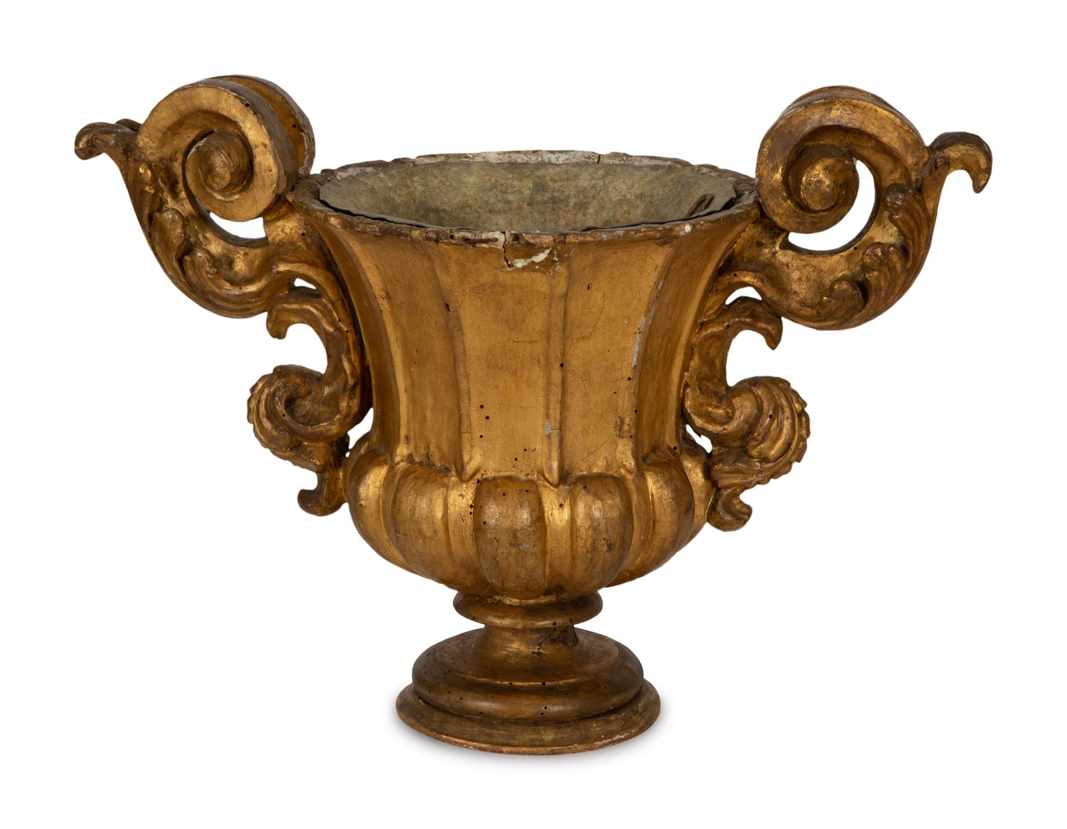 A Pair of Venetian Baroque Carved Giltwood Campana Urns