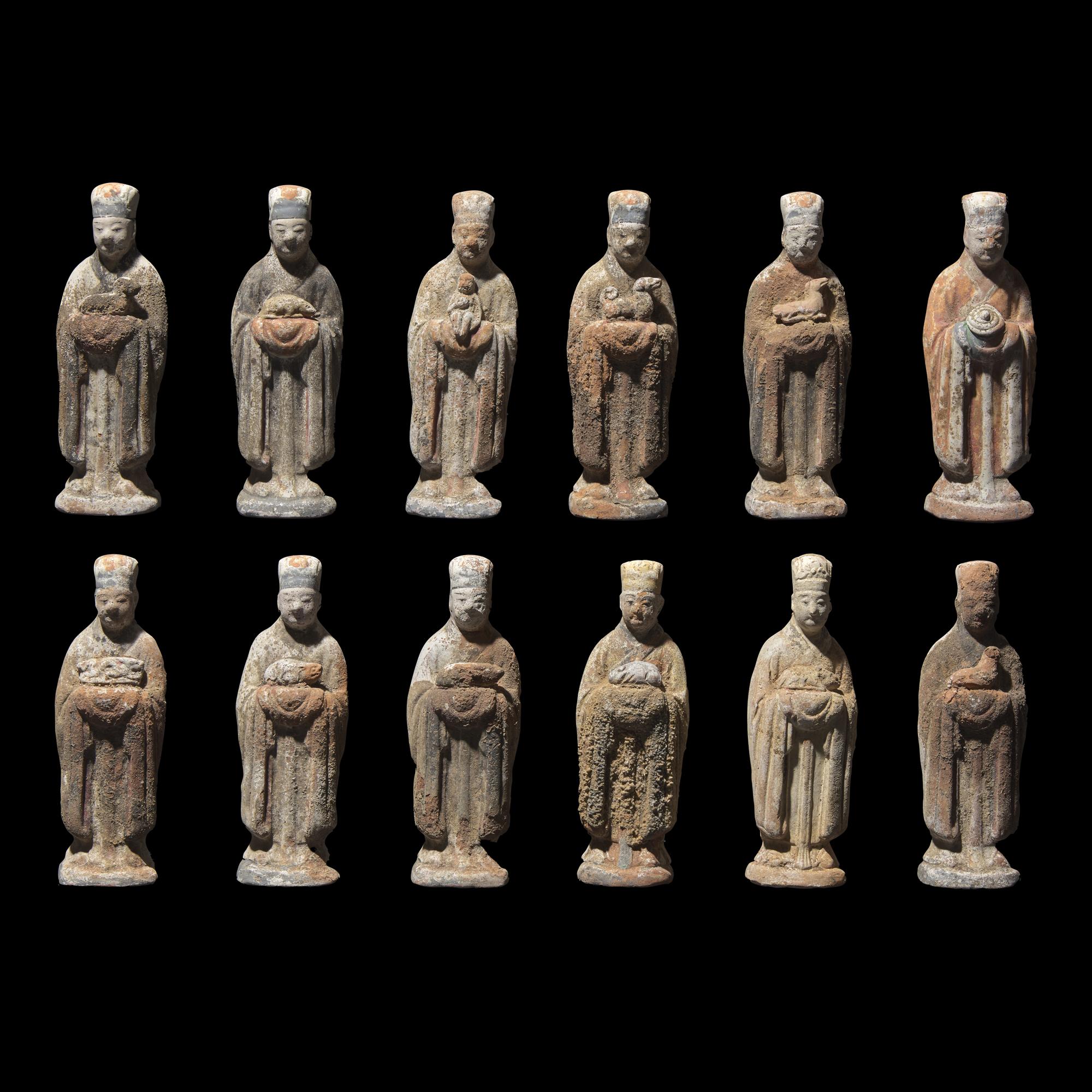 An Assembled Set of Chinese Pottery Zodiac Figures, Ming Dynasty 明 陶加彩十二生肖文官俑一組