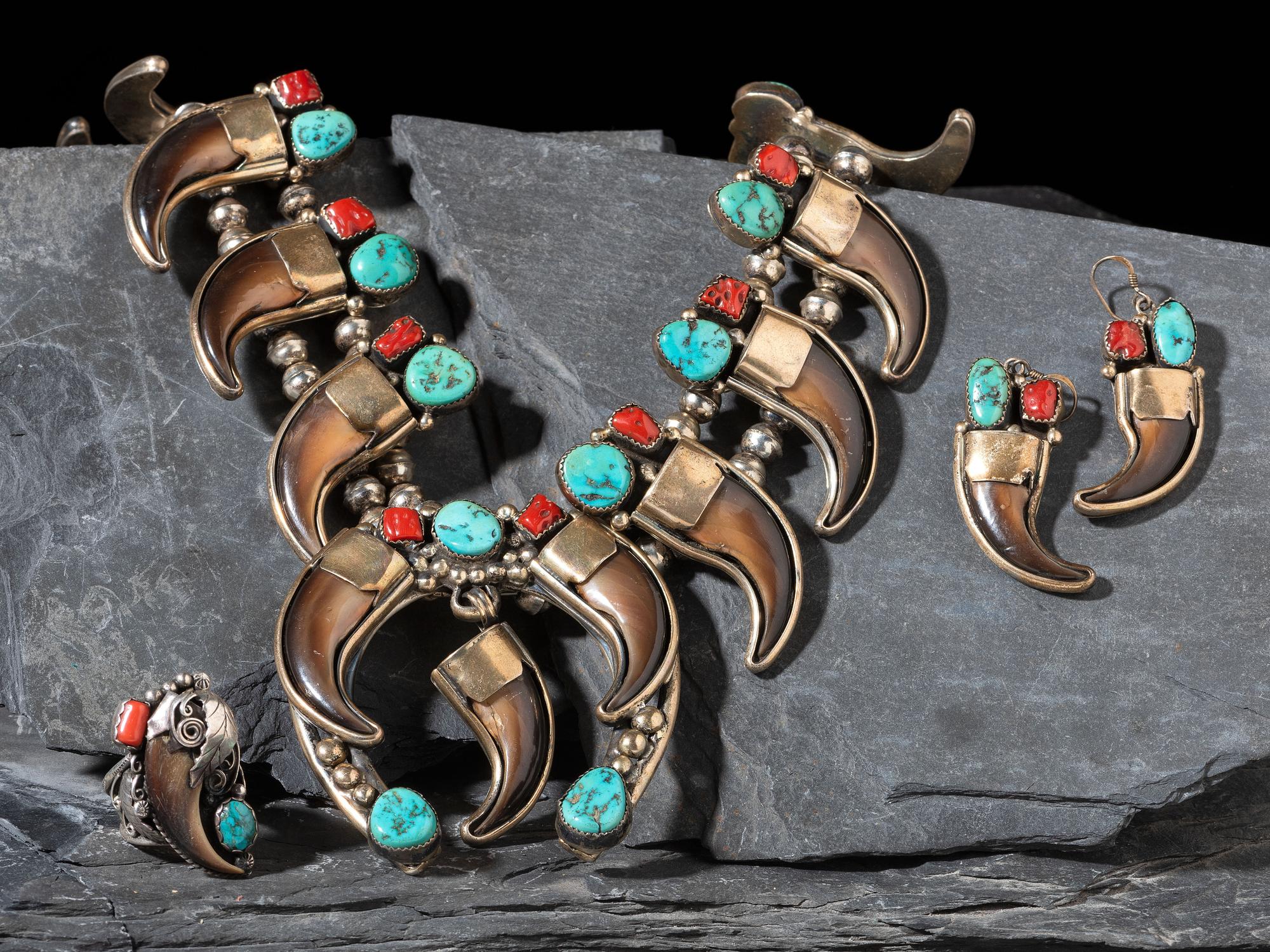 Sterling Silver Claw, Turquoise, and Coral Squash Blossom Necklace Suite