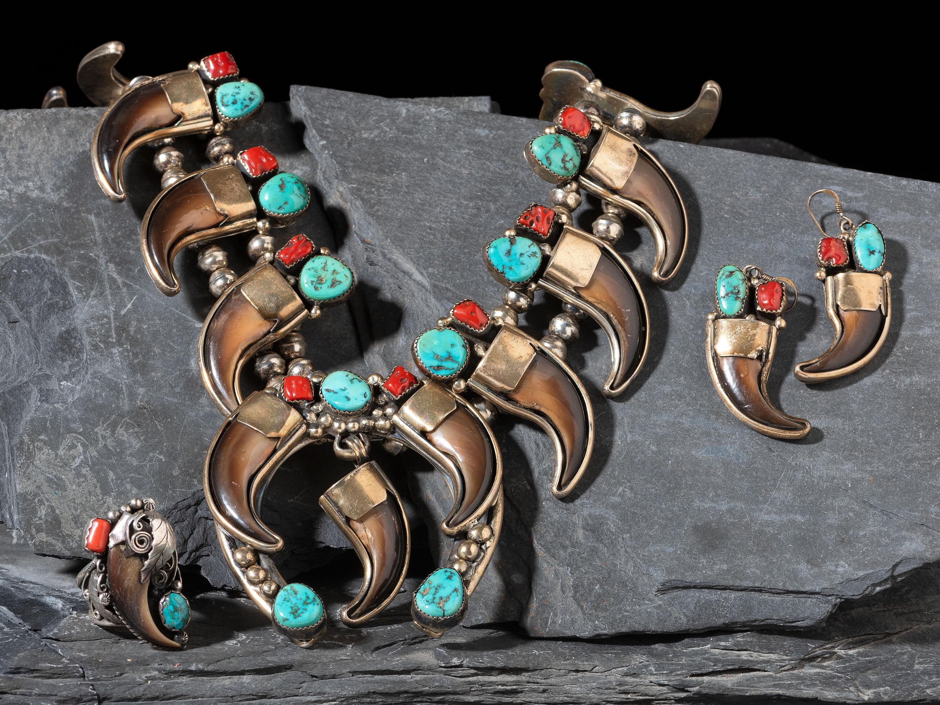 Sterling Silver Claw, Turquoise, and Coral Squash Blossom Necklace Suite