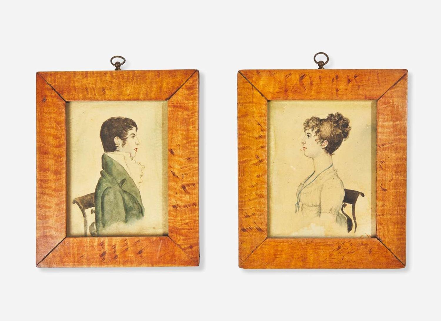 American School 20th century, Pair of Small Profile Portraits: A Seated Young Lady and Gentleman