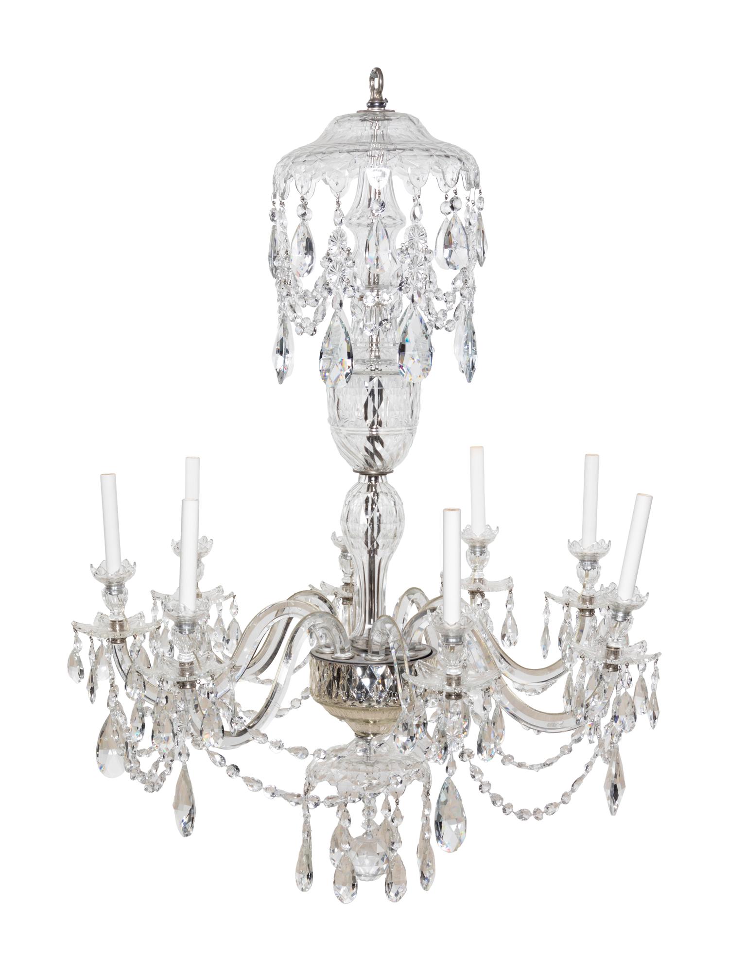 A Pair of George III Style Cut Glass Eight-Light Chandeliers