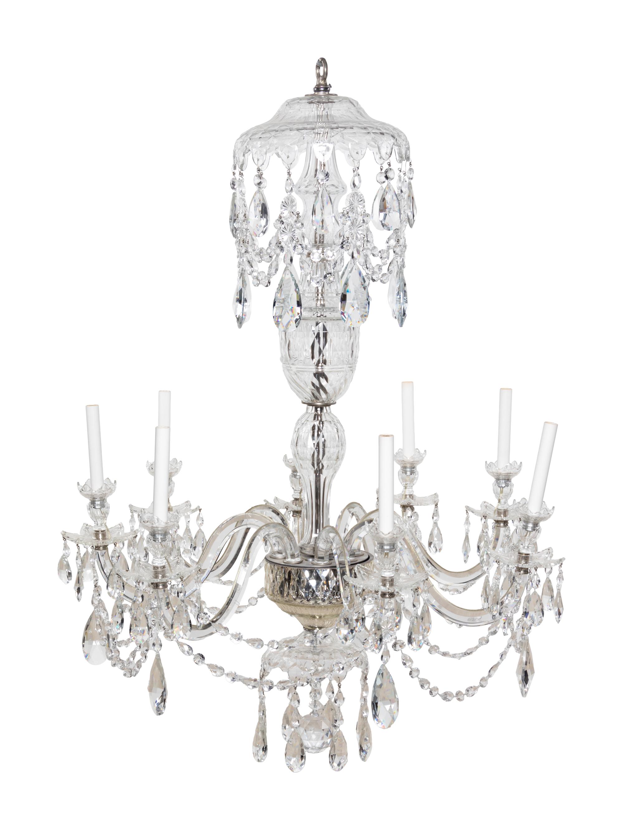 A Pair of George III Style Cut Glass Eight-Light Chandeliers