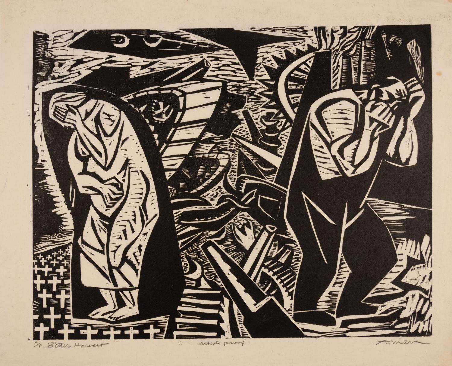 A group of four American prints (Irving Amen, Bitter Harvest ; Richard Correll, The Railroaders ; John de Martelly, Give us this Day ; Barbara Latham, A Negro Group )