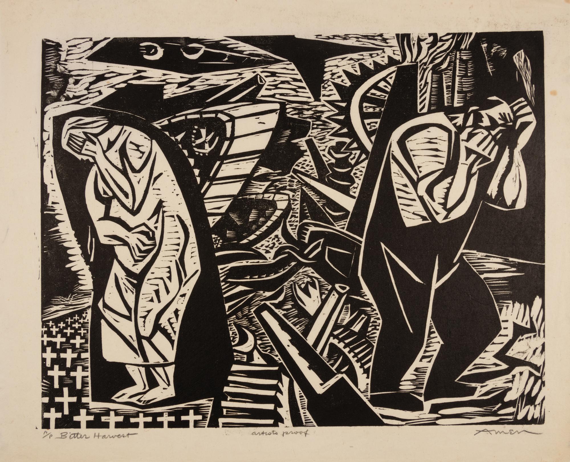 A group of four American prints (Irving Amen, Bitter Harvest ; Richard Correll, The Railroaders ; John de Martelly, Give us this Day ; Barbara Latham, A Negro Group )