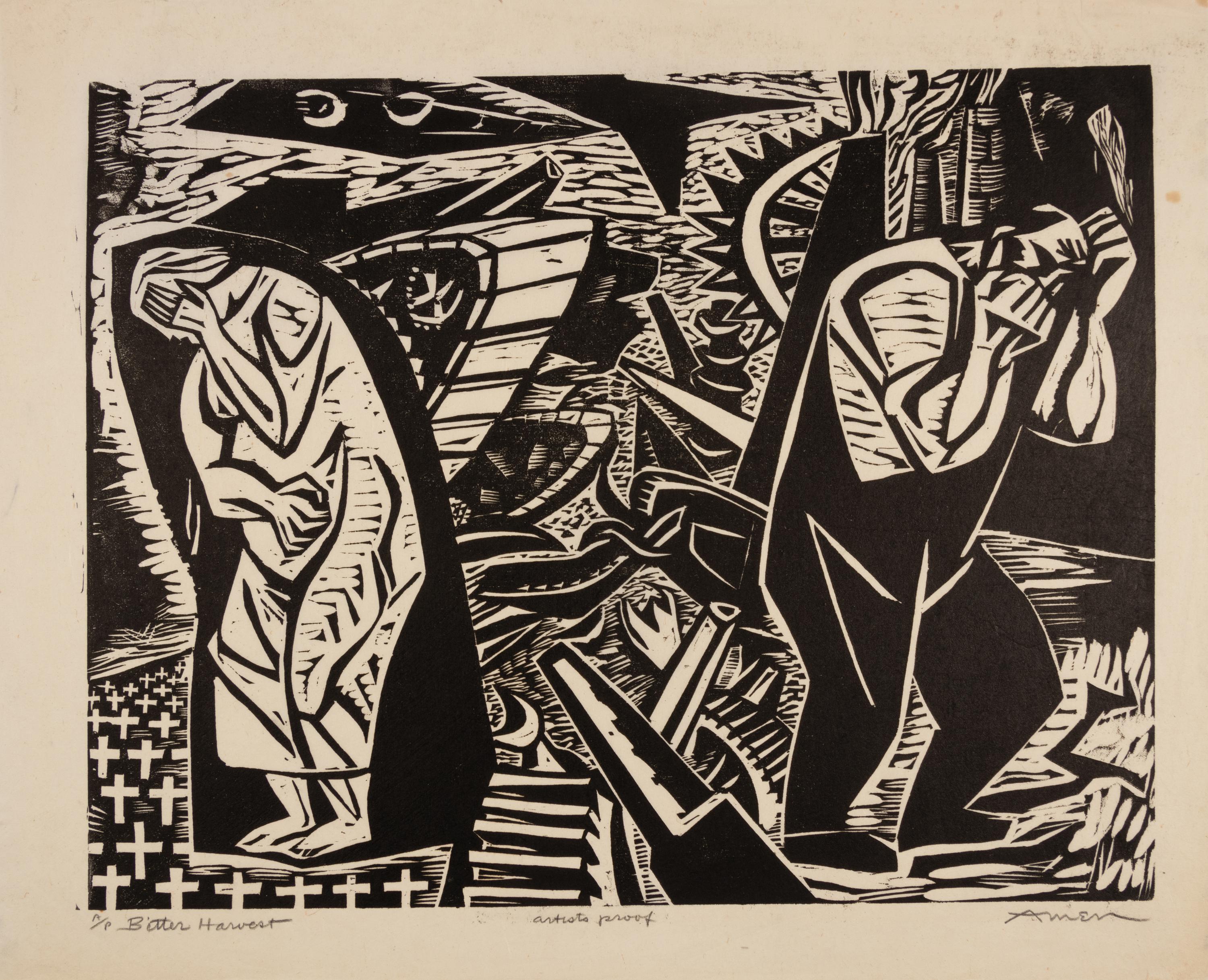 A group of four American prints (Irving Amen, Bitter Harvest ; Richard Correll, The Railroaders ; John de Martelly, Give us this Day ; Barbara Latham, A Negro Group )
