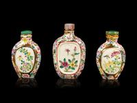 Three Chinese Famille Rose 'Millefleur' Porcelain Snuff Bottles