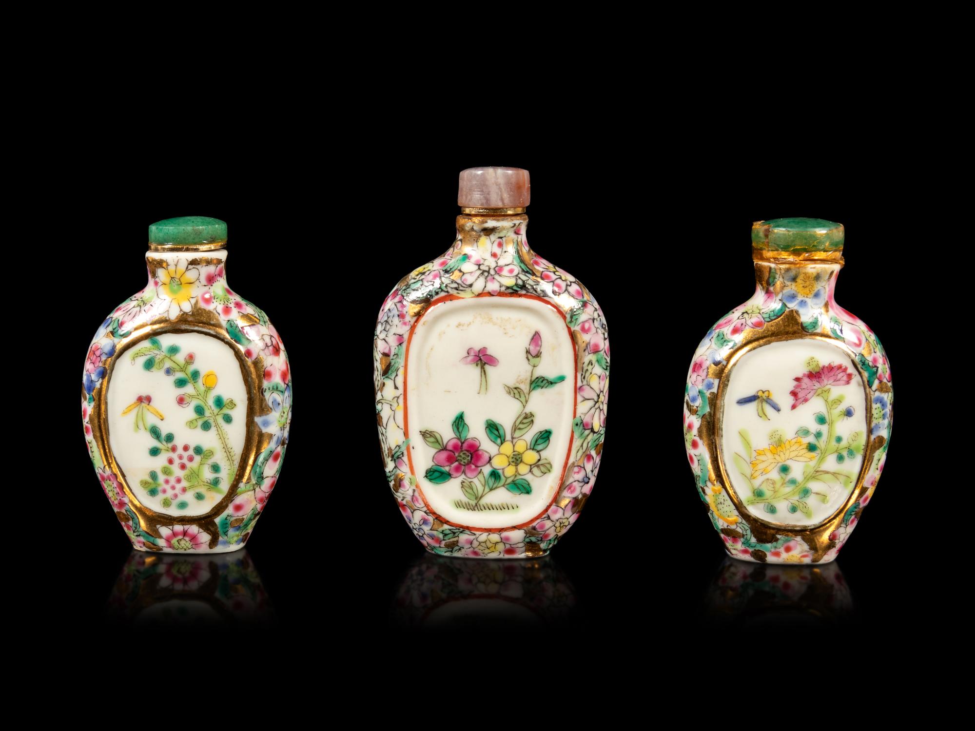 Three Chinese Famille Rose 'Millefleur' Porcelain Snuff Bottles