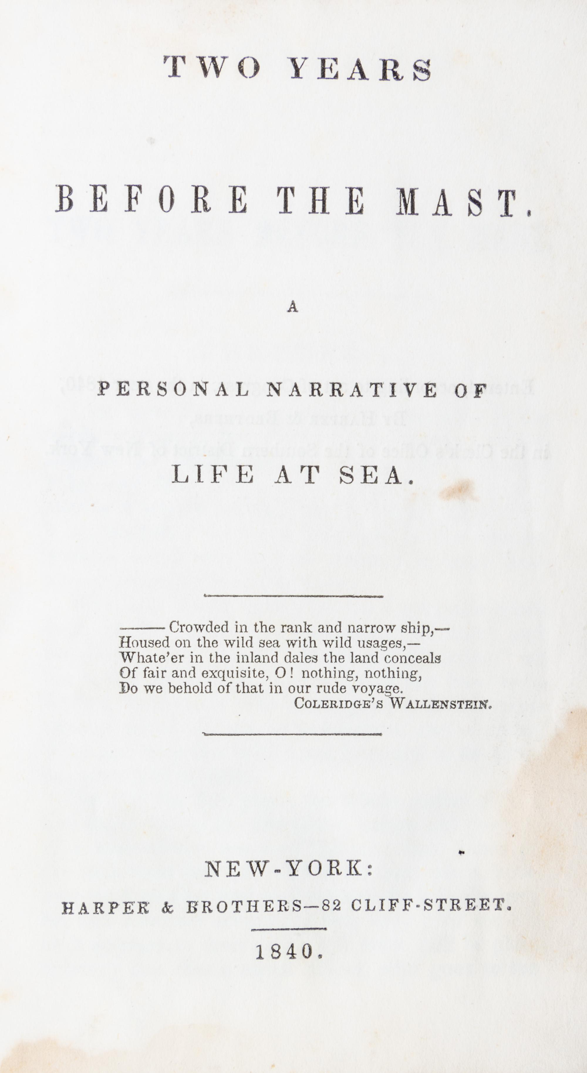 DANA, RICHARD HENRY. Two Years before the Mast. New York, 1840. First edition, second state.