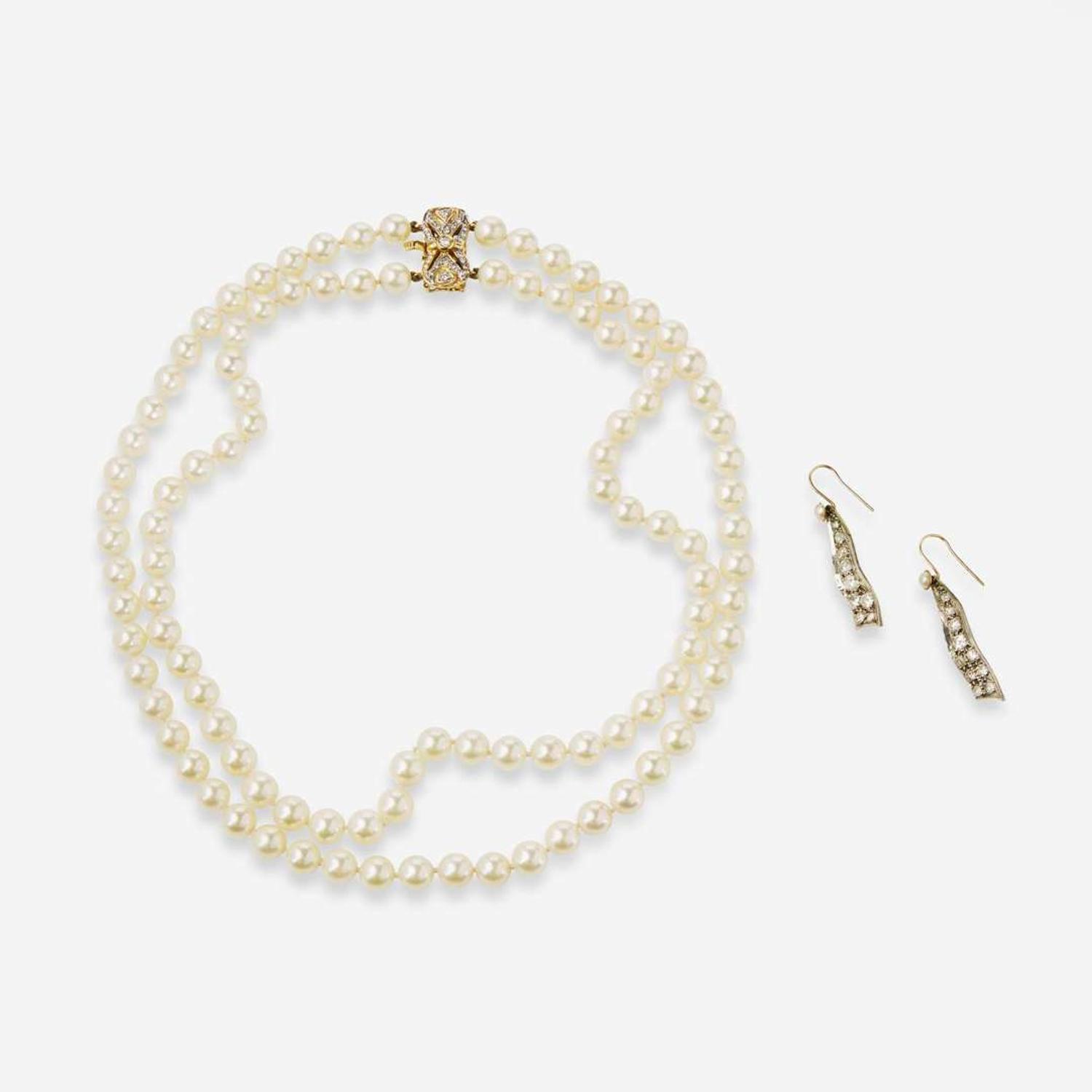 A Set of Pearl and Diamond Necklace and Earrings
