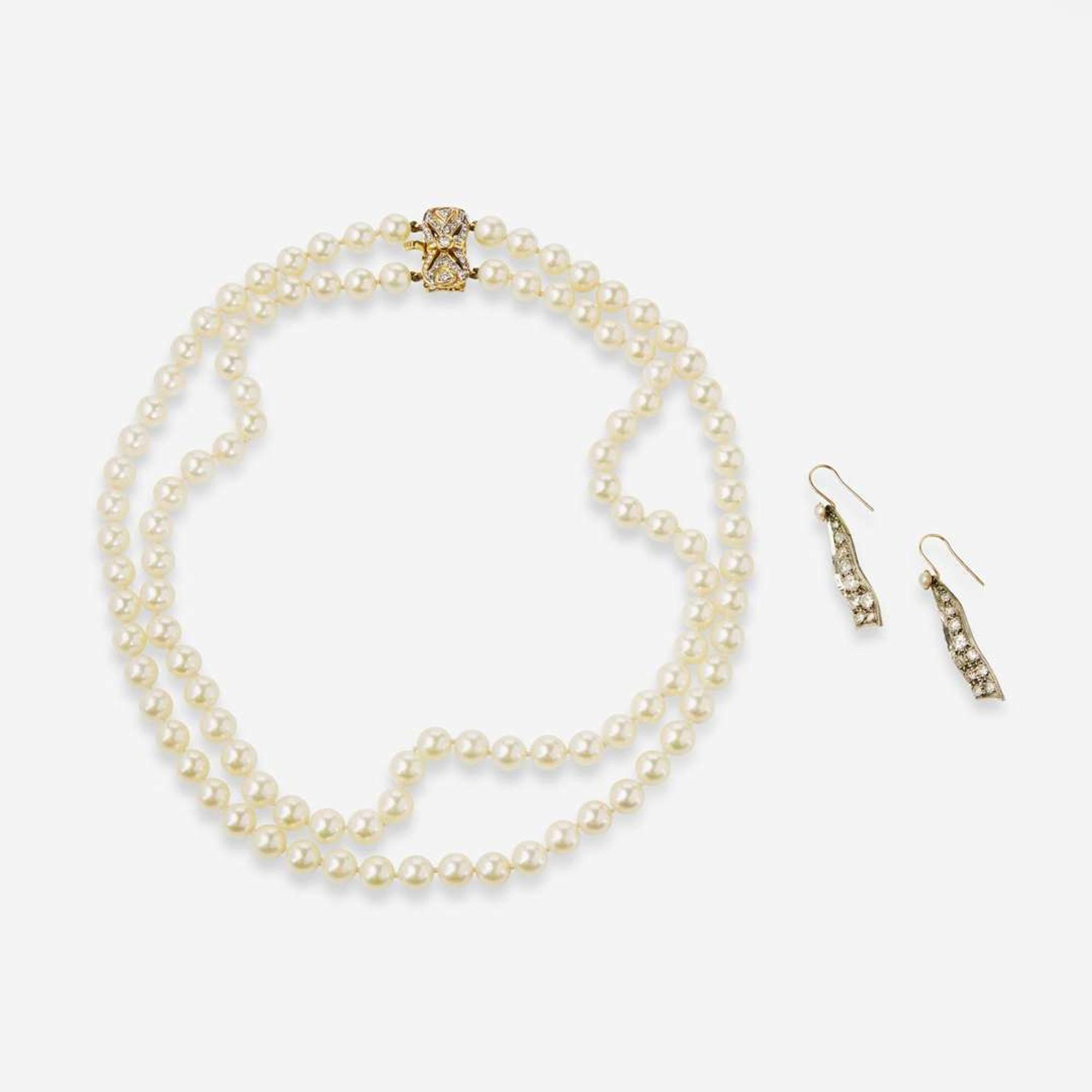 A Set of Pearl and Diamond Necklace and Earrings