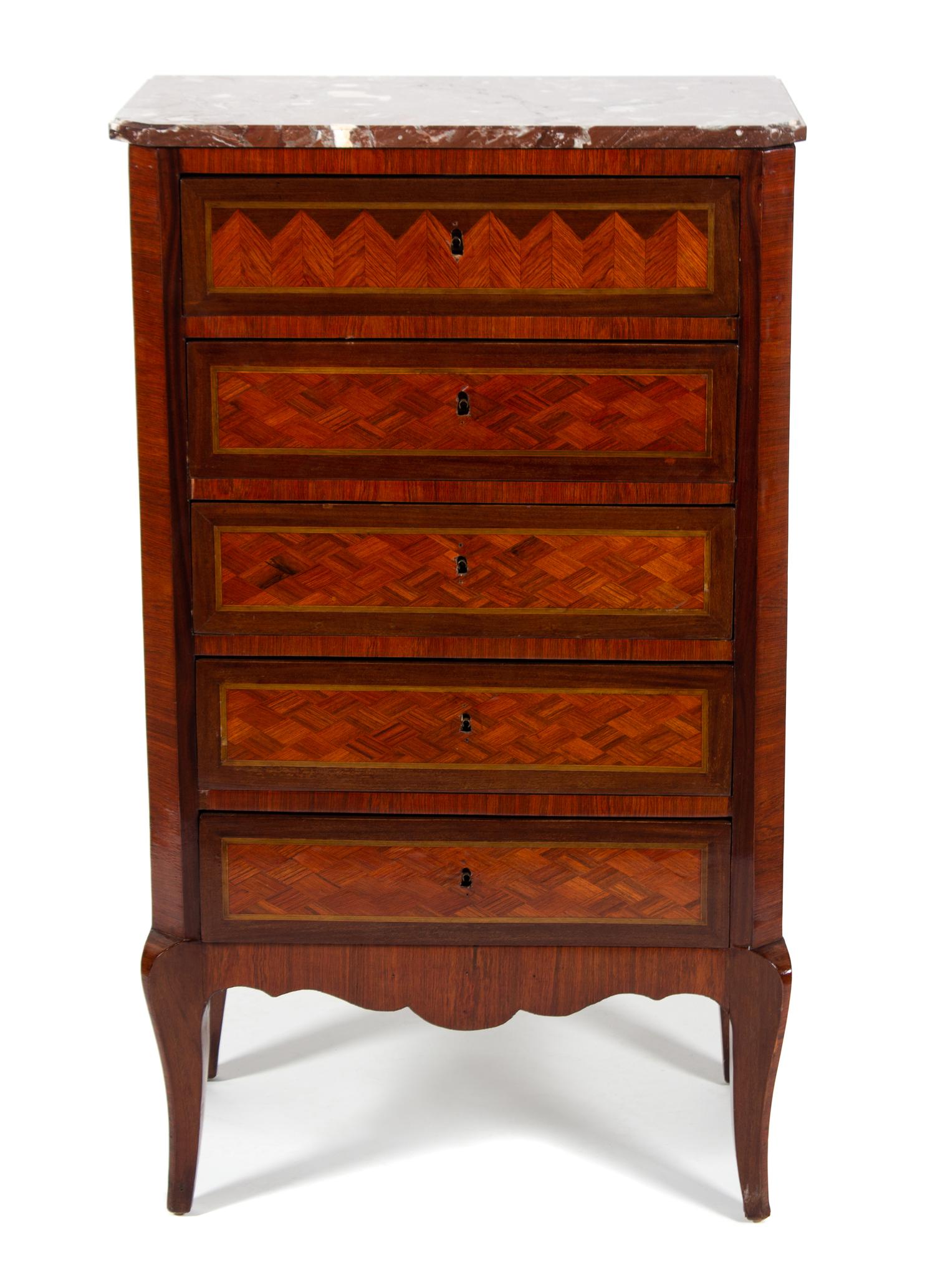 A Louis XV Style Parquetry Tall Chest of Drawers