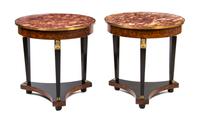 A Pair of Empire Style Gilt Metal Mounted Burlwood Gueridons, Height 28 1/4 x diameter 27 1/2 inches.