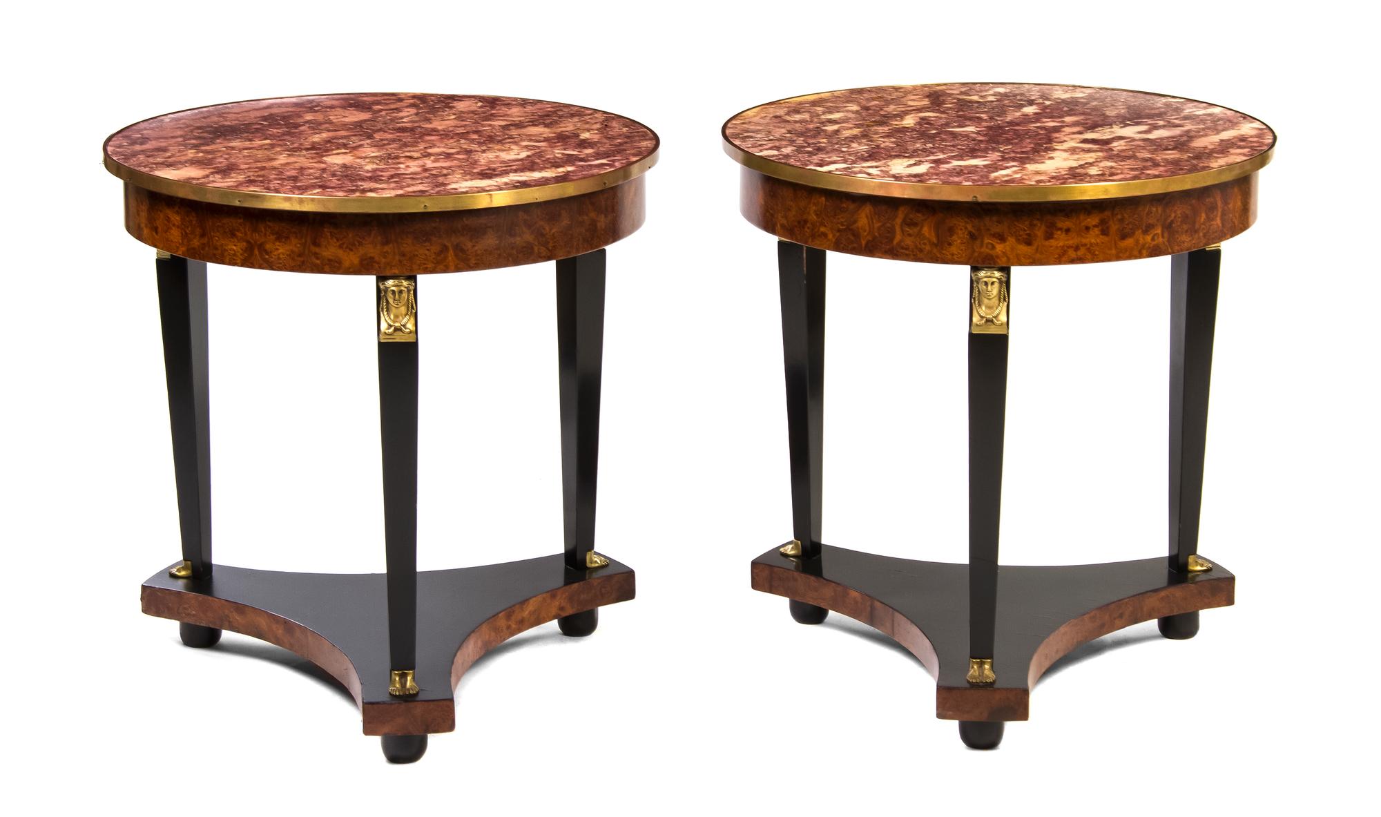A Pair of Empire Style Gilt Metal Mounted Burlwood Gueridons, Height 28 1/4 x diameter 27 1/2 inches.