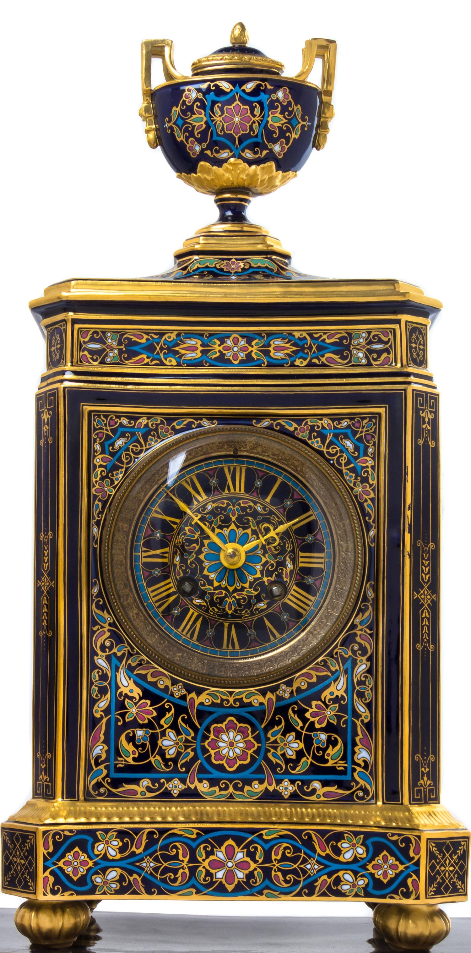 A Meissen Porcelain Pate-sur-Pate Four-Piece Clock Garniture