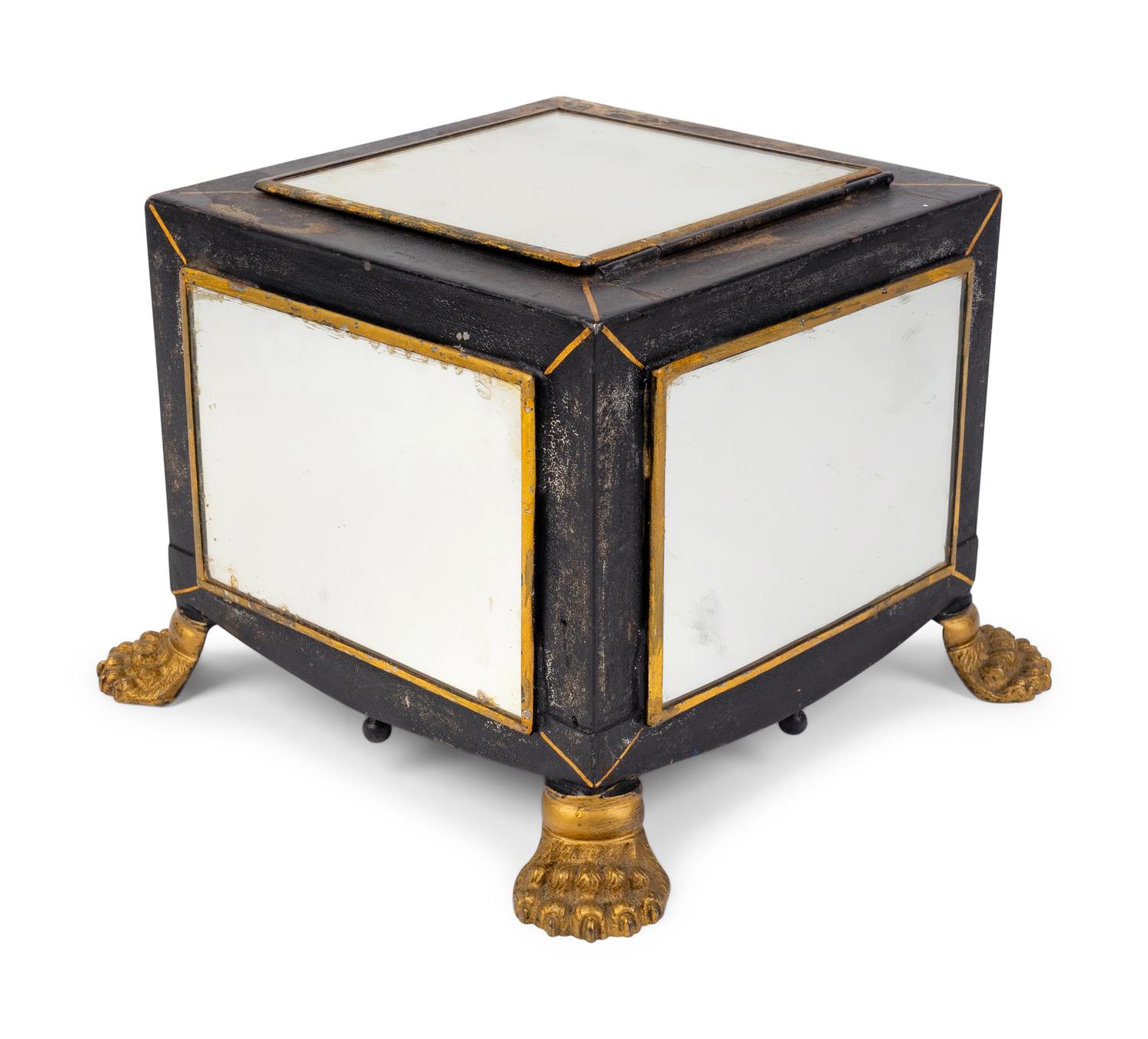 An English Black and Gilt Decorated Tole Box with Mirrored Panels — 19TH CENTURY