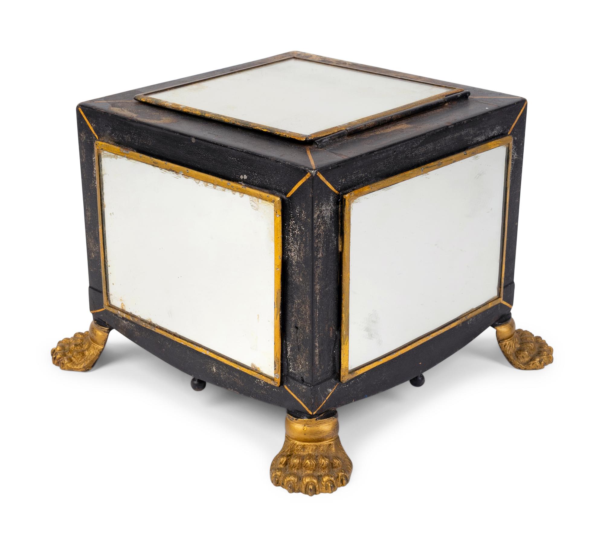 An English Black and Gilt Decorated Tole Box with Mirrored Panels — 19TH CENTURY