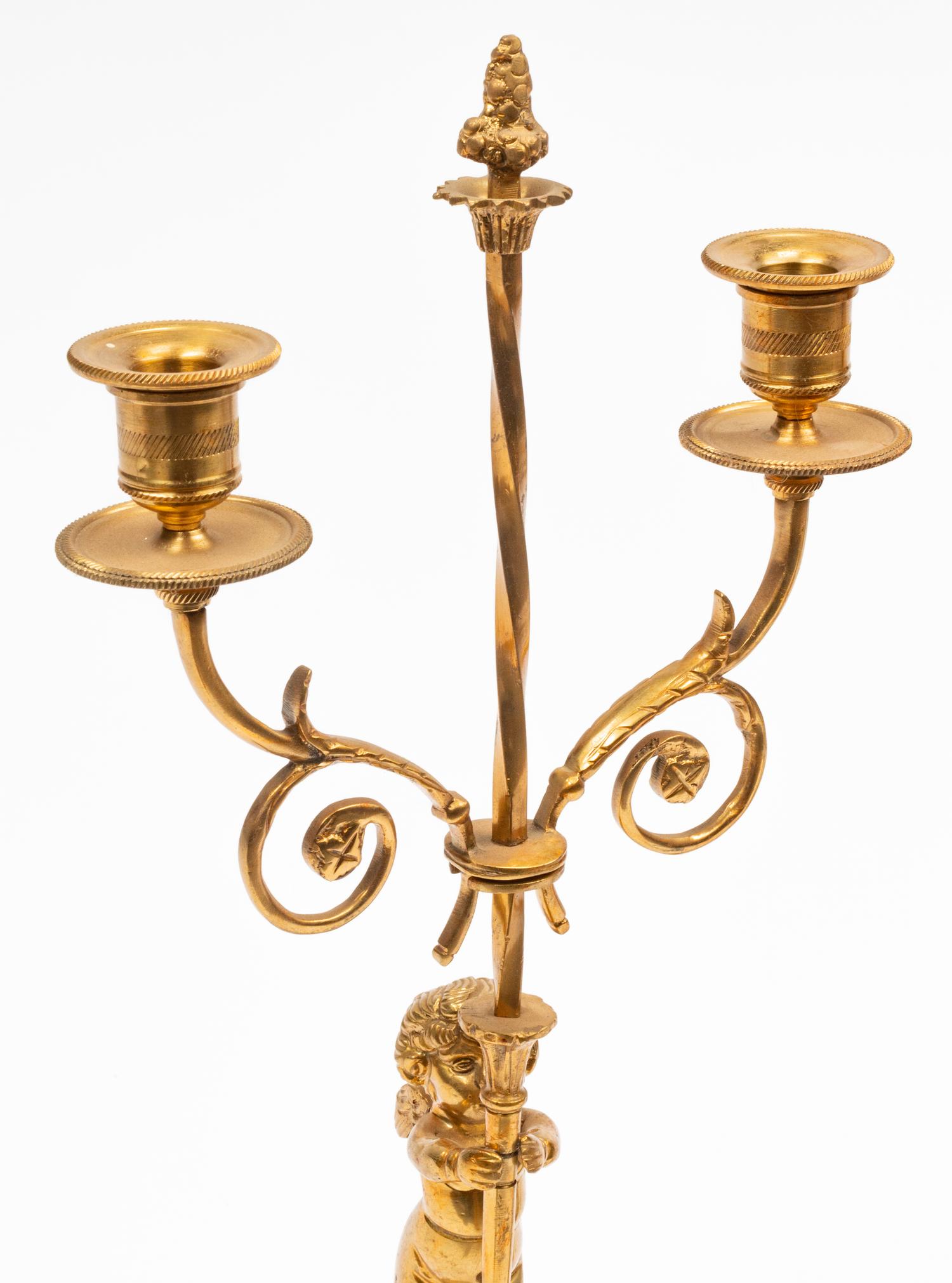 A Pair of Empire Style Gilt Bronze Two-Light Candelabra on Marble Bases