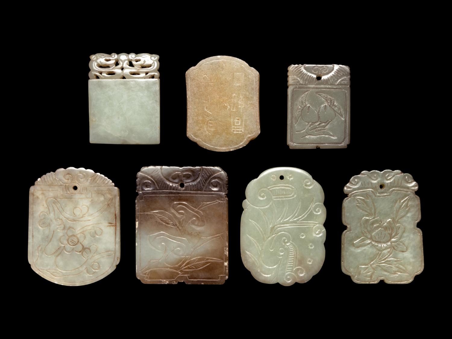 Seven Chinese Celadon Jade Carved Plaques