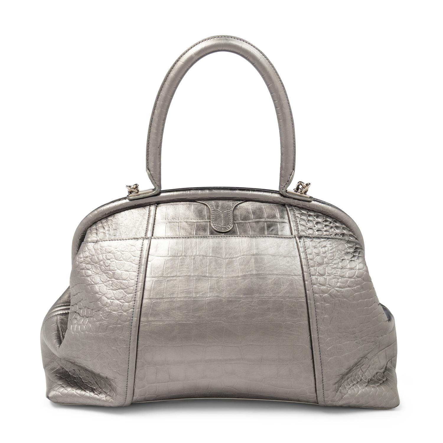BALENCIAGA, FRAME BAG IN SILVER CROC-EMBOSSED LEATHER