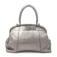 BALENCIAGA, FRAME BAG IN SILVER CROC-EMBOSSED LEATHER