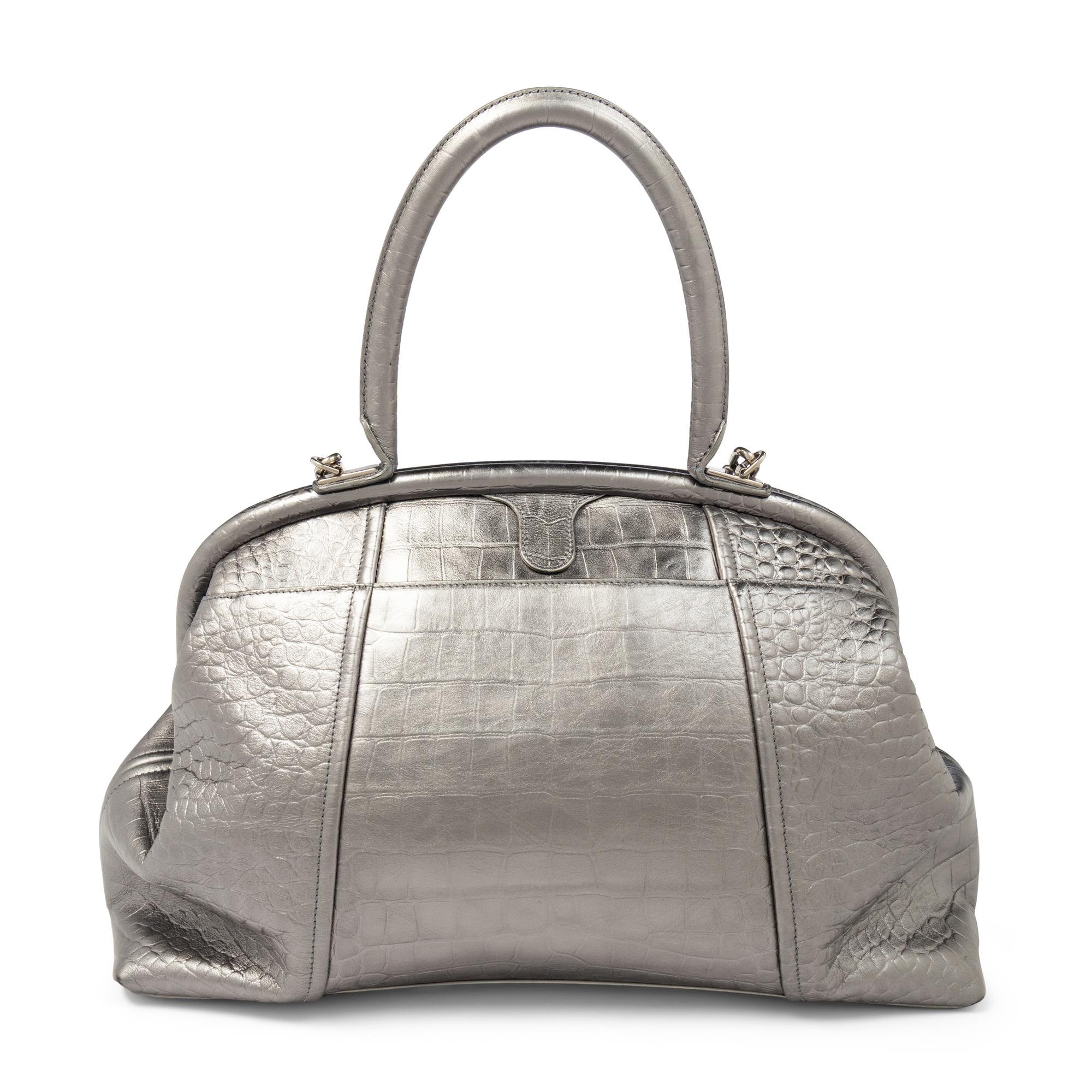 BALENCIAGA, FRAME BAG IN SILVER CROC-EMBOSSED LEATHER