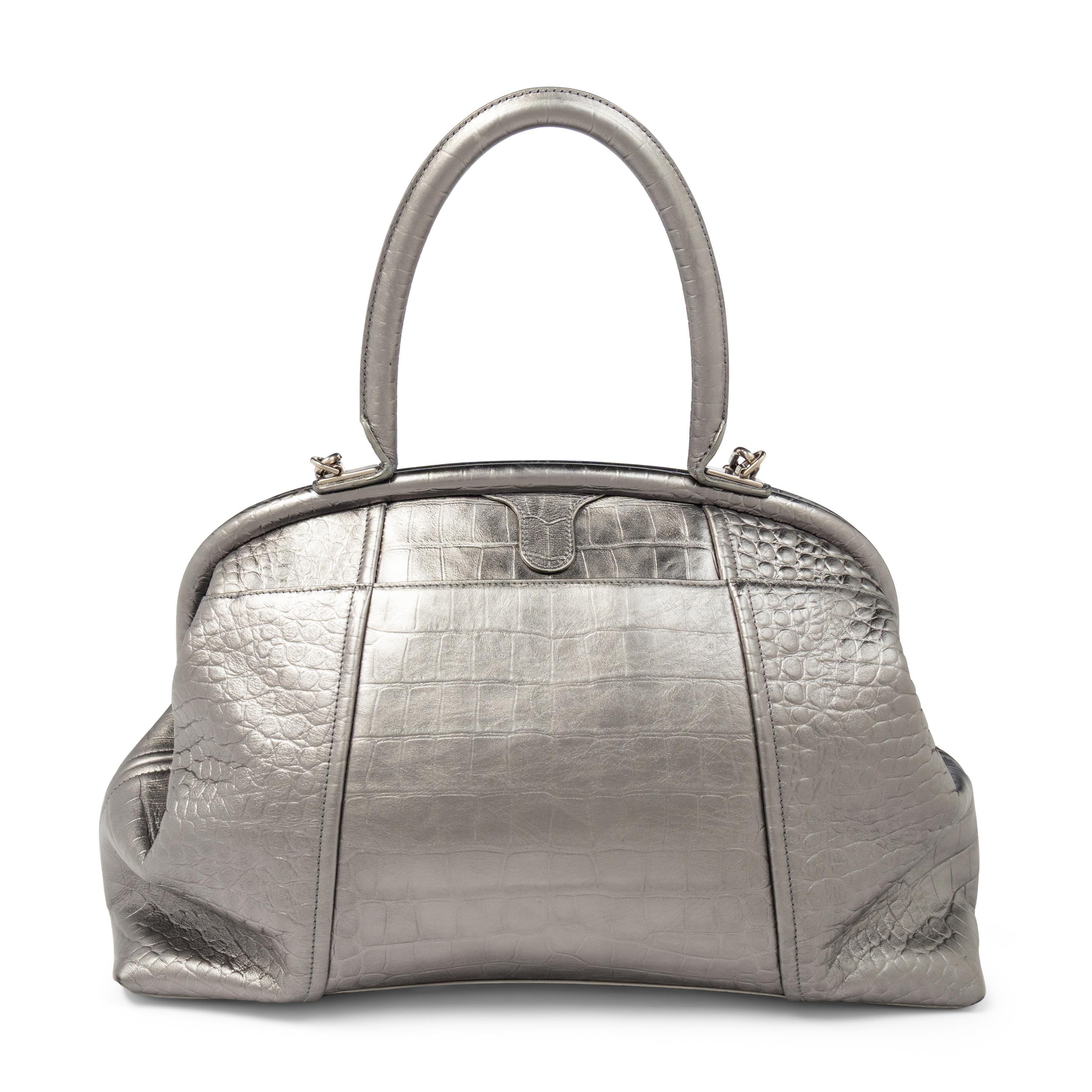 BALENCIAGA, FRAME BAG IN SILVER CROC-EMBOSSED LEATHER