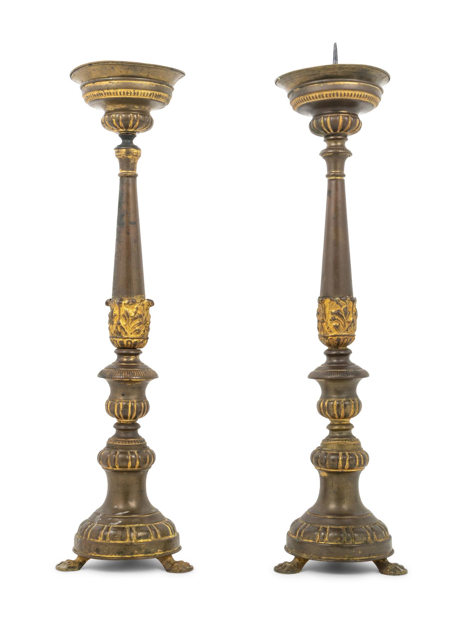 A Pair of Continental Gilt Metal Pricket Sticks