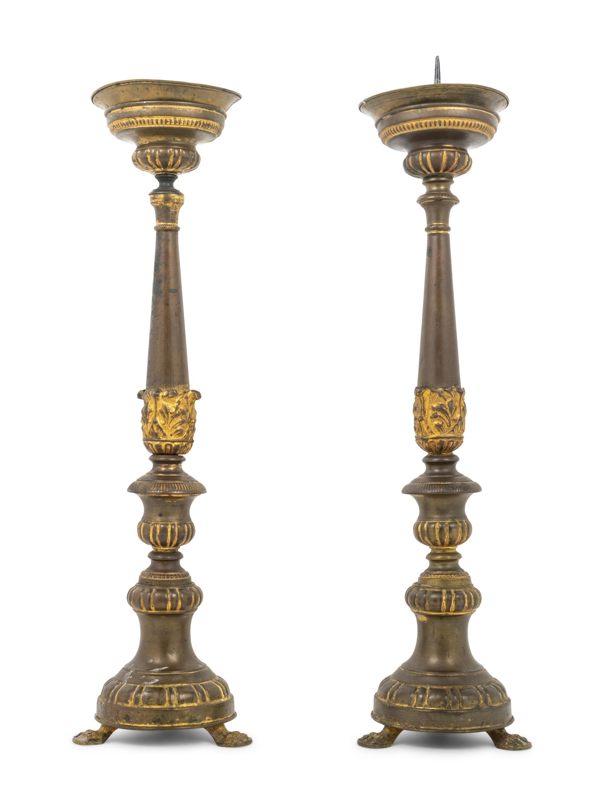 A Pair of Continental Gilt Metal Pricket Sticks