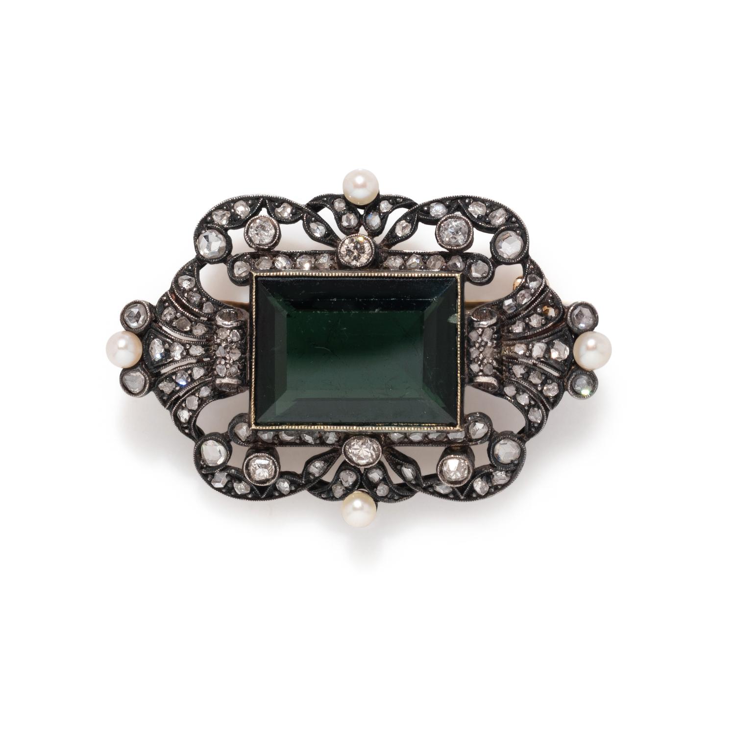 PORTUGUESE, VINTAGE, TOURMALINE, DIAMOND AND PEARL BROOCH