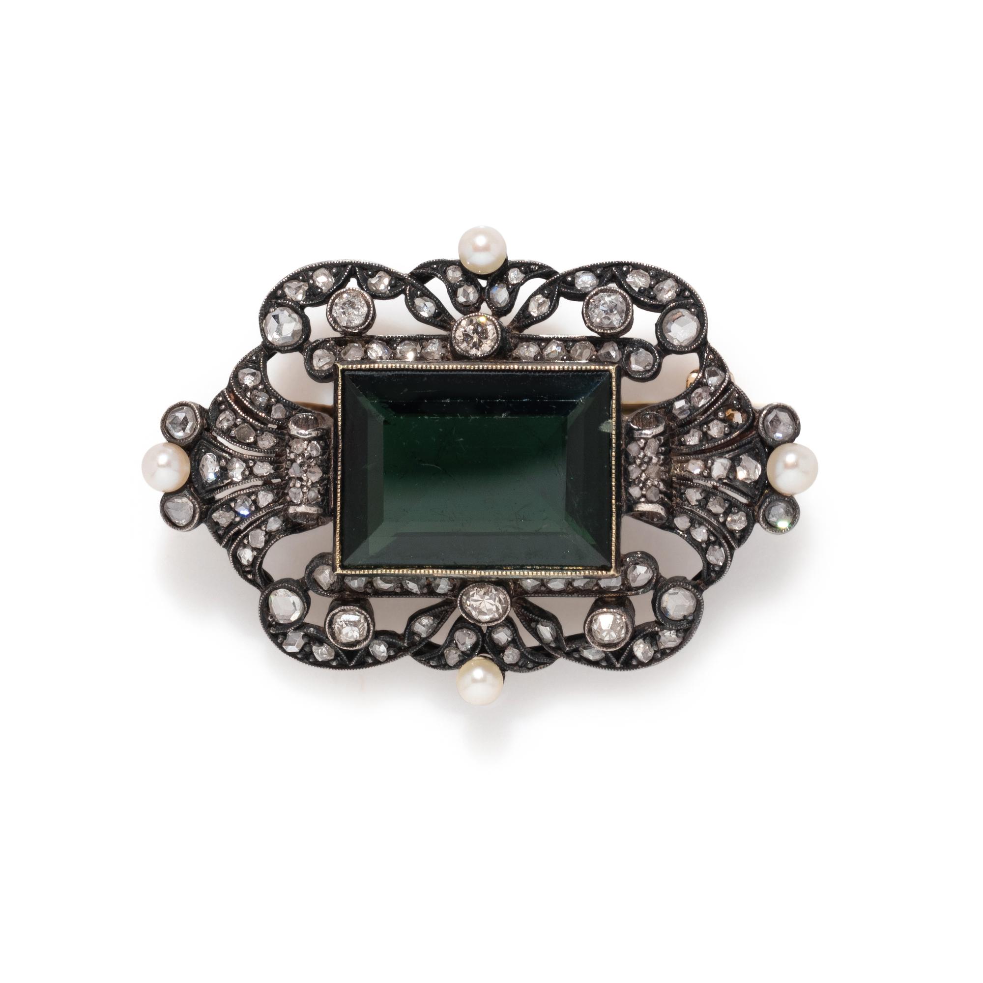 PORTUGUESE, VINTAGE, TOURMALINE, DIAMOND AND PEARL BROOCH